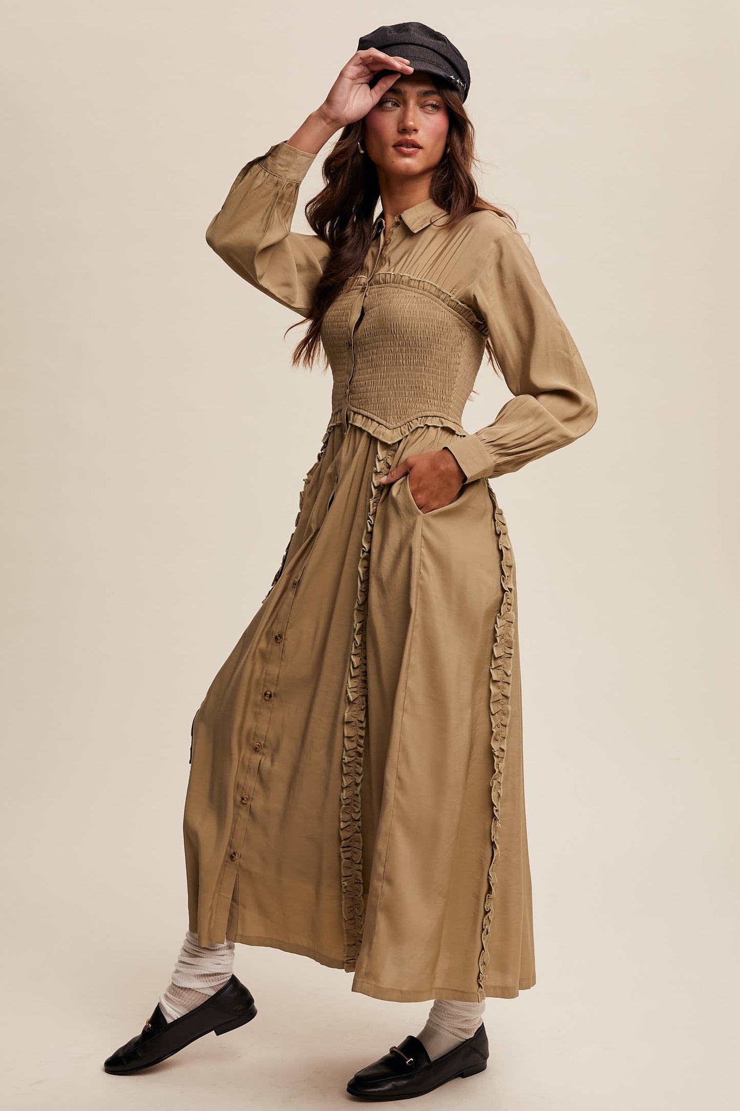 Smocked Bodice Ruffle Detail Maxi Dress