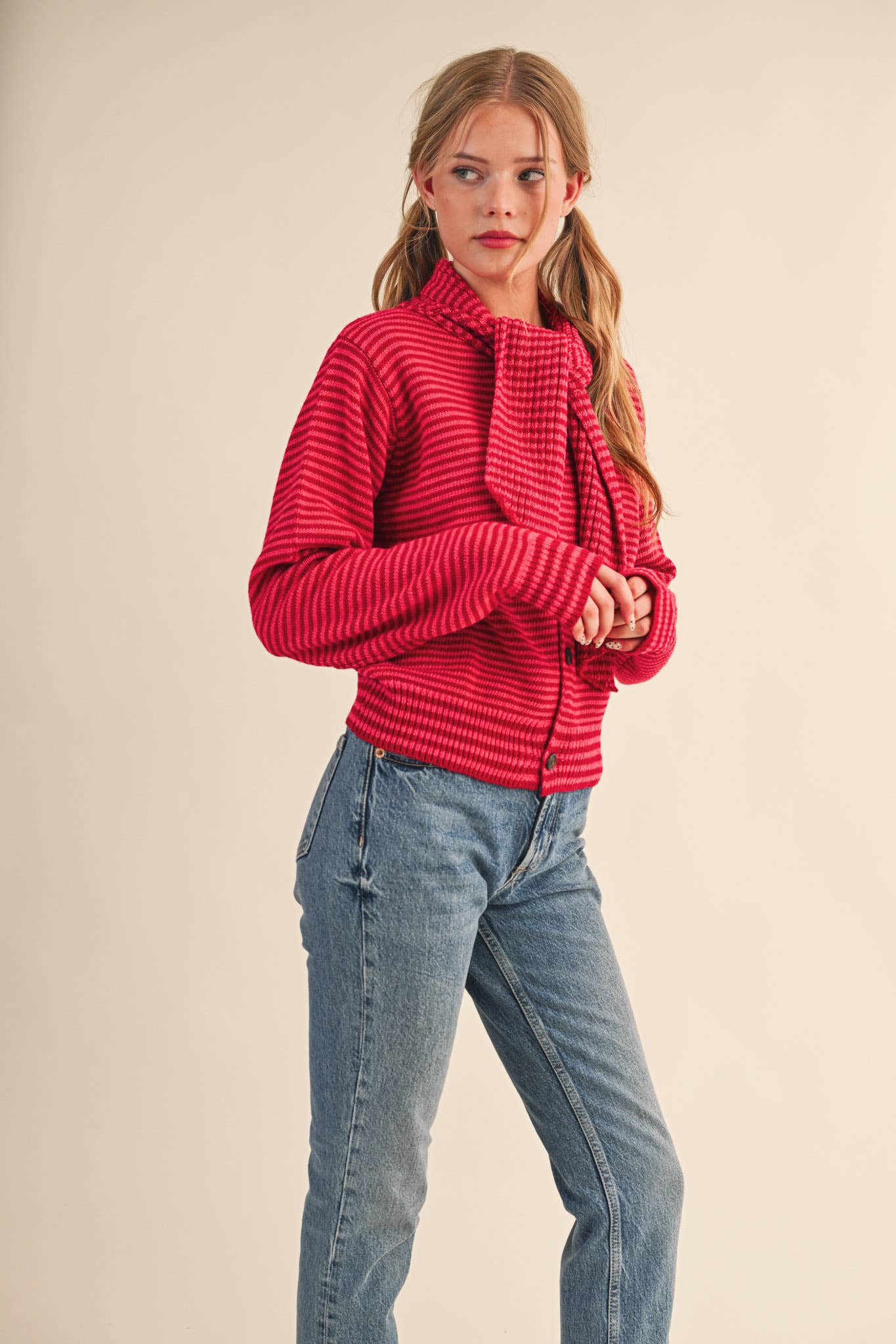 Striped Tie Neck Cardigan