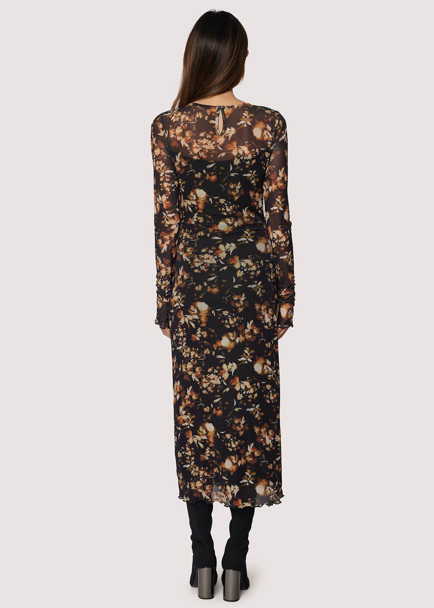 Moonlit Meadow Midi Dress - Fall Floral Mesh Long Sleeves