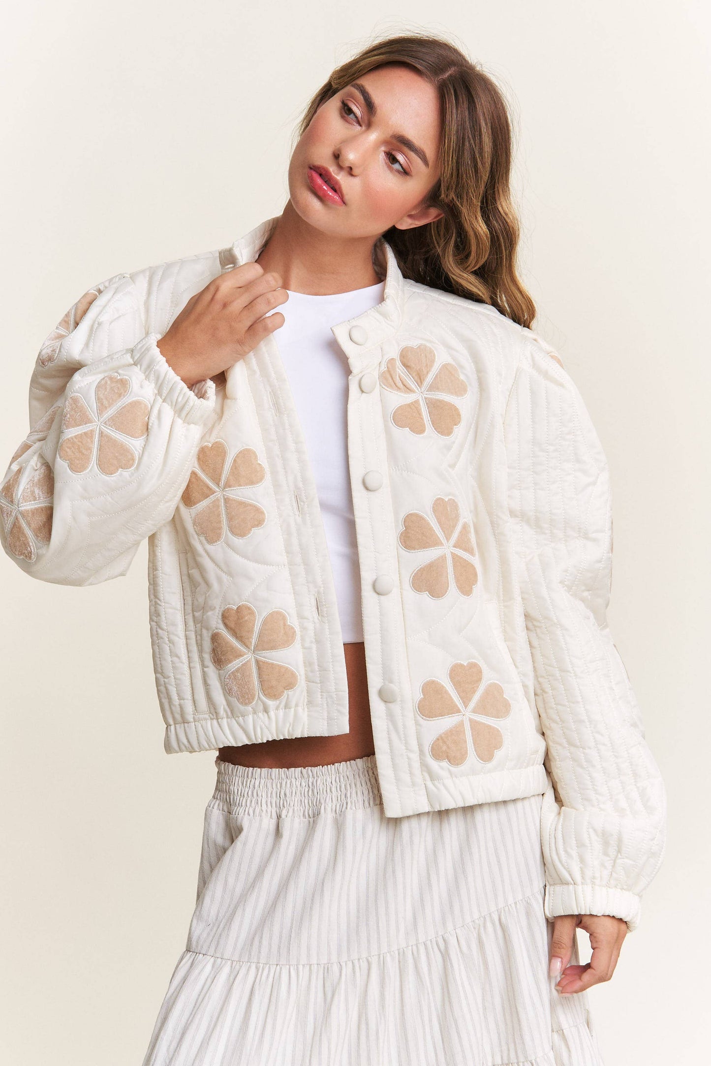 Ivory Floral Quilted Puffer Jacket