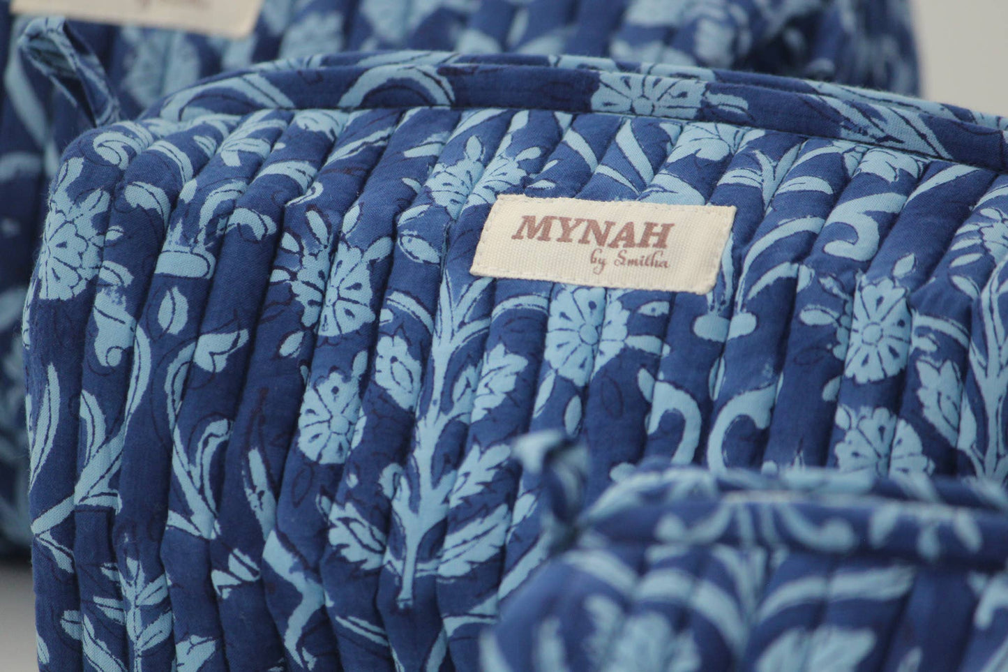 Quilted block print floral travel cosmetic bag-Set of 3