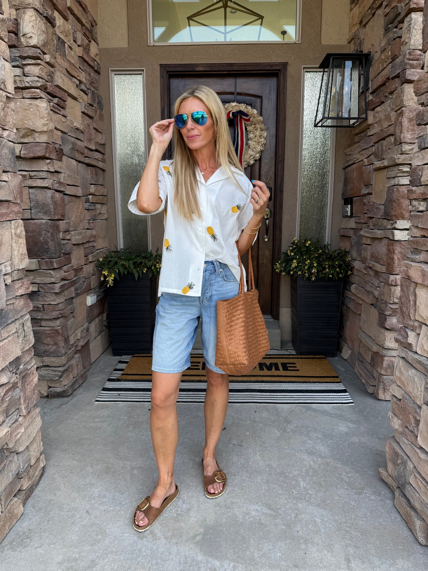 Pineapple Embroidered Button-Down Top