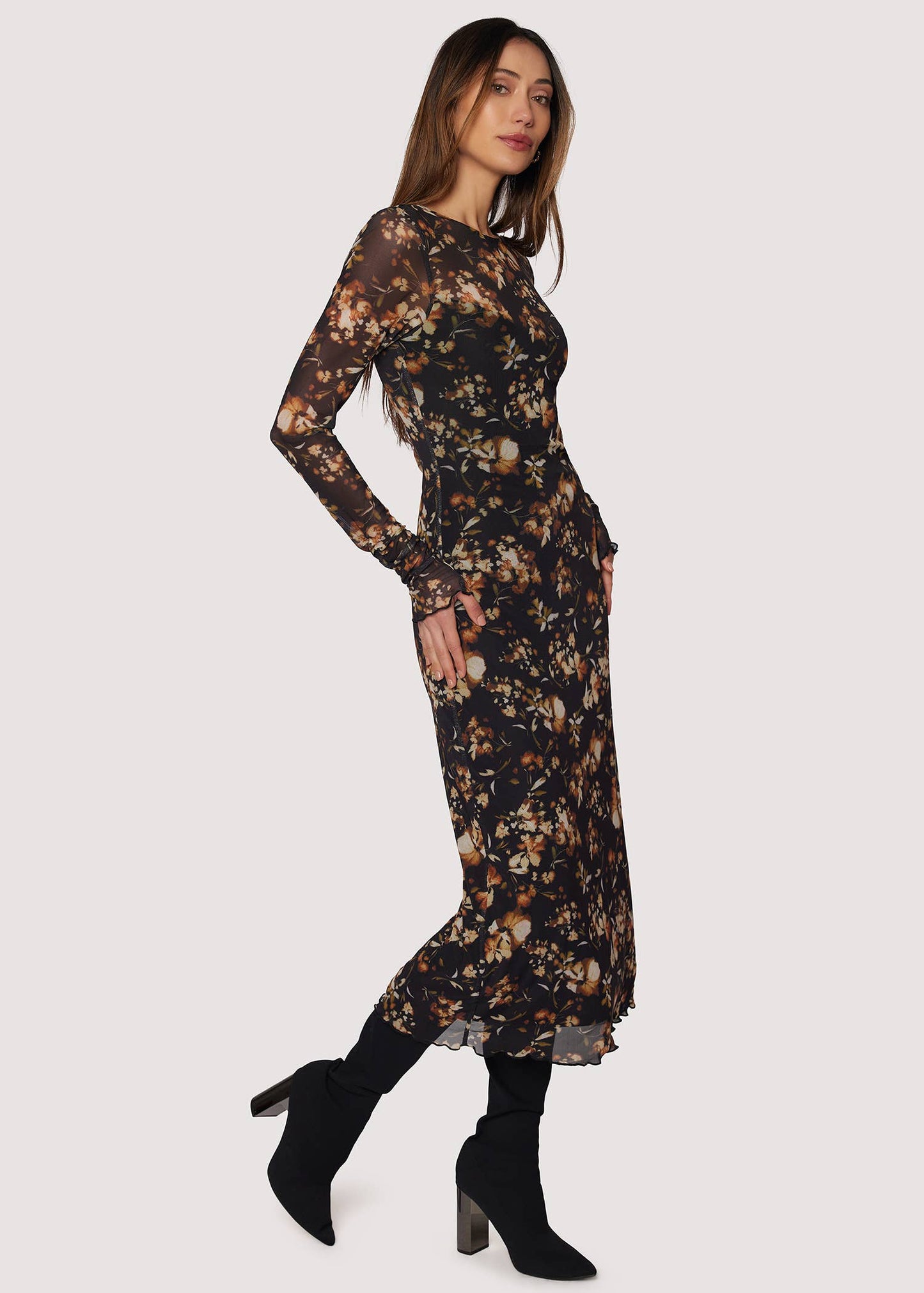 Moonlit Meadow Midi Dress - Fall Floral Mesh Long Sleeves
