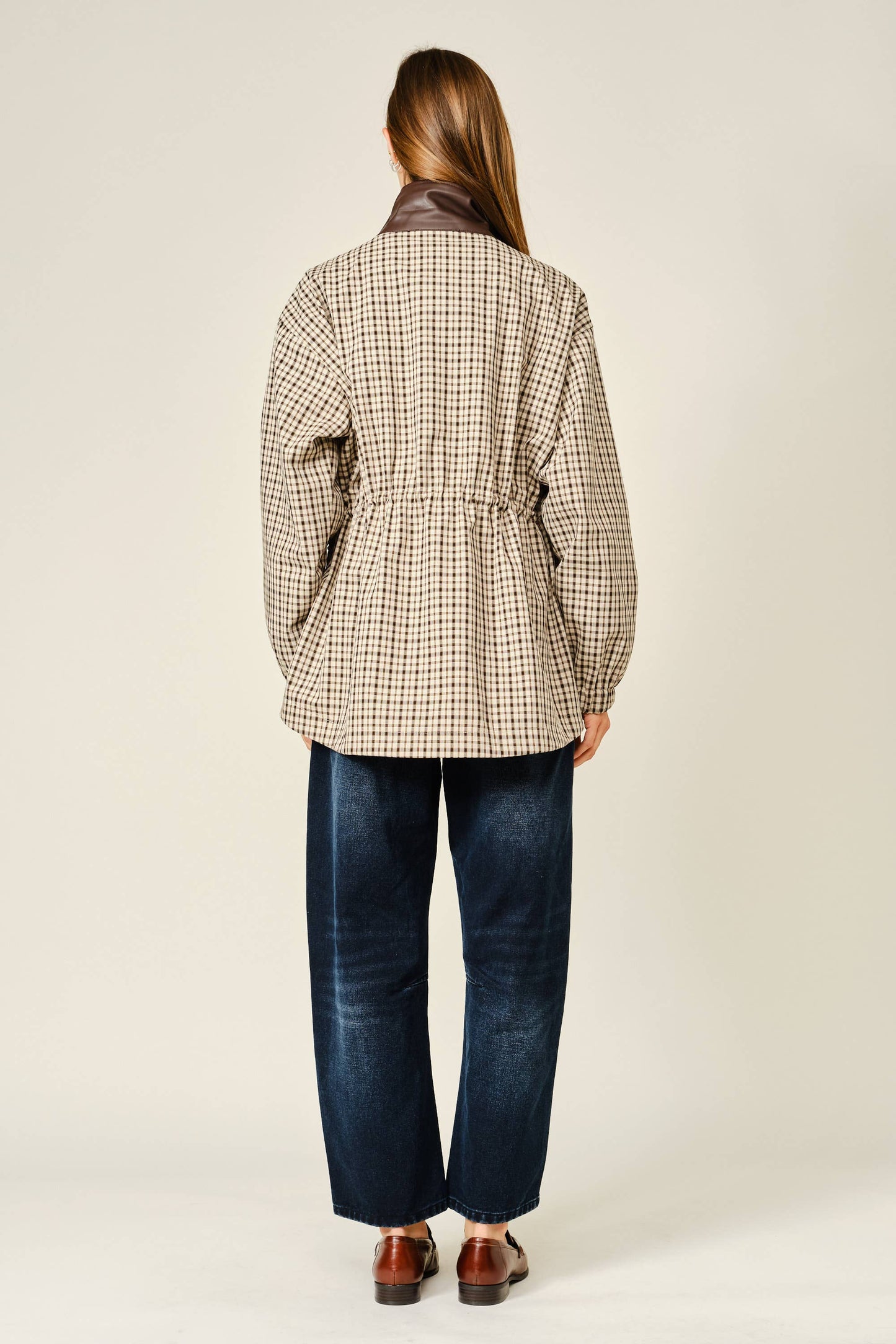 Plaid Faux Leather Funnel Neck Jacket