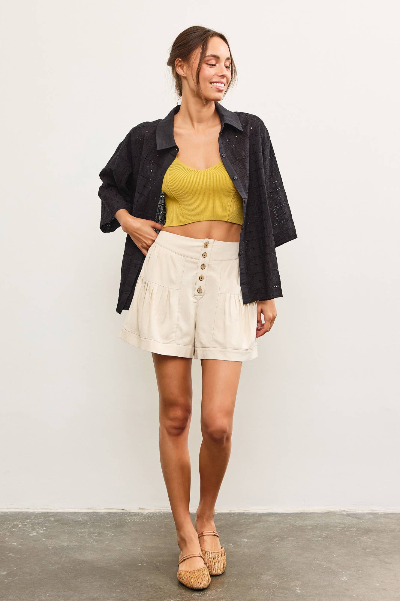 Pleated Flare Button Front Shorts
