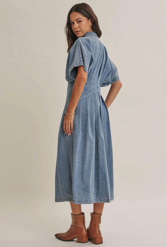 Denim Pleated Midi Dress