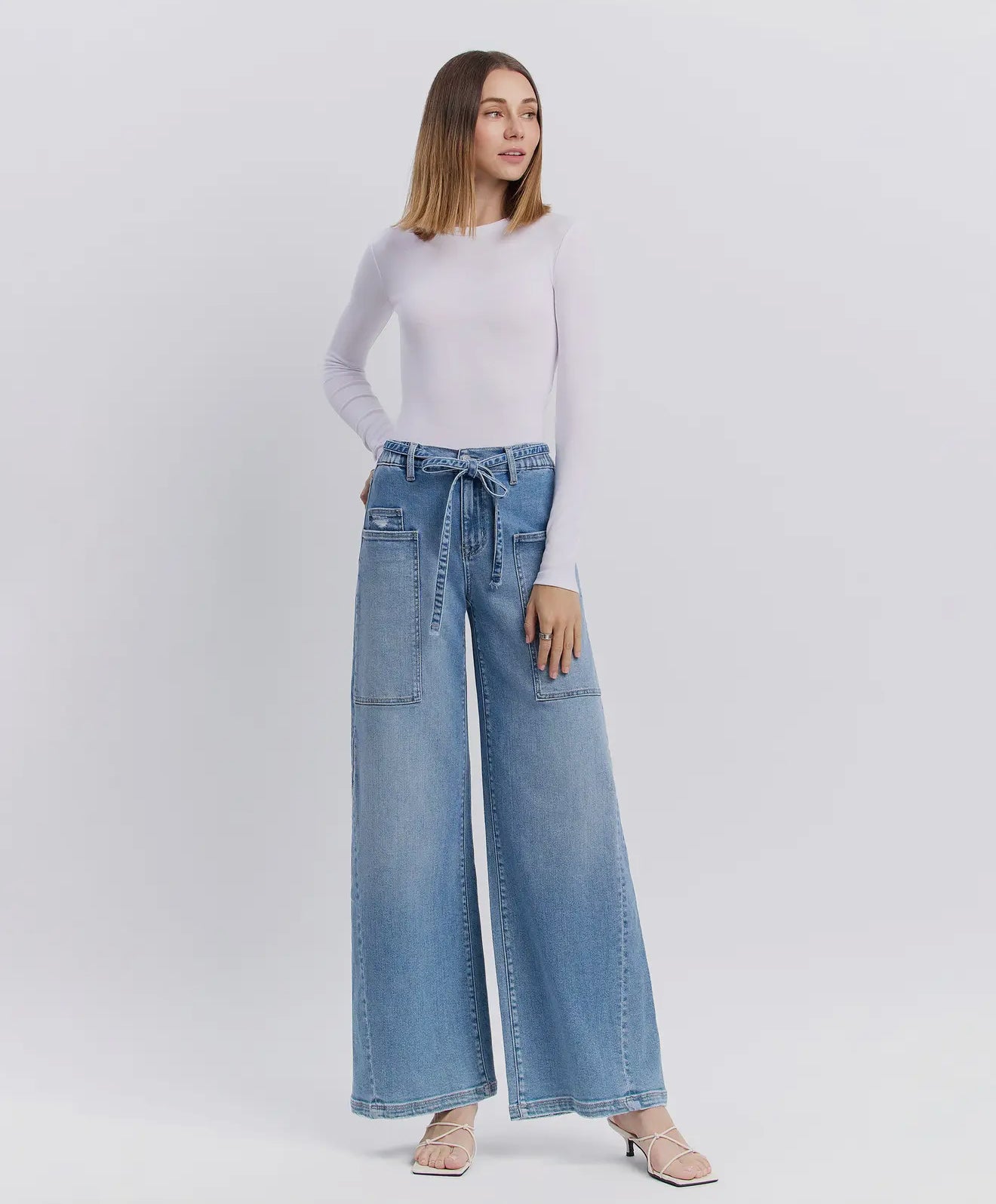 High Rise Drawstring Wide Leg Jeans