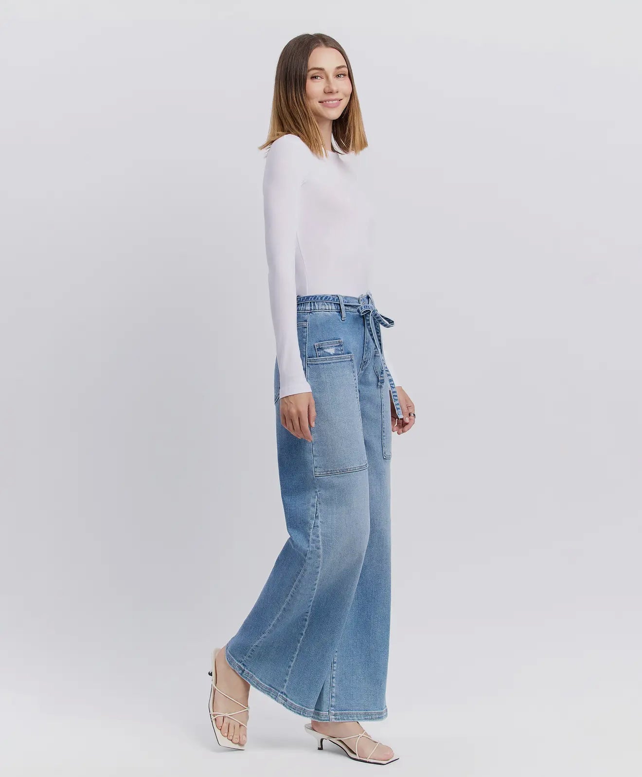 High Rise Drawstring Wide Leg Jeans