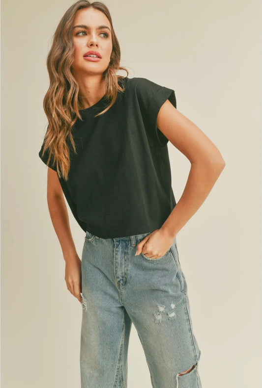 Round Neck Cuffed Sleeve Top