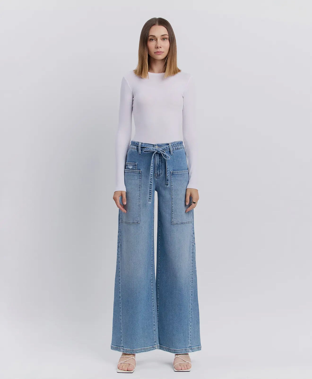 High Rise Drawstring Wide Leg Jeans