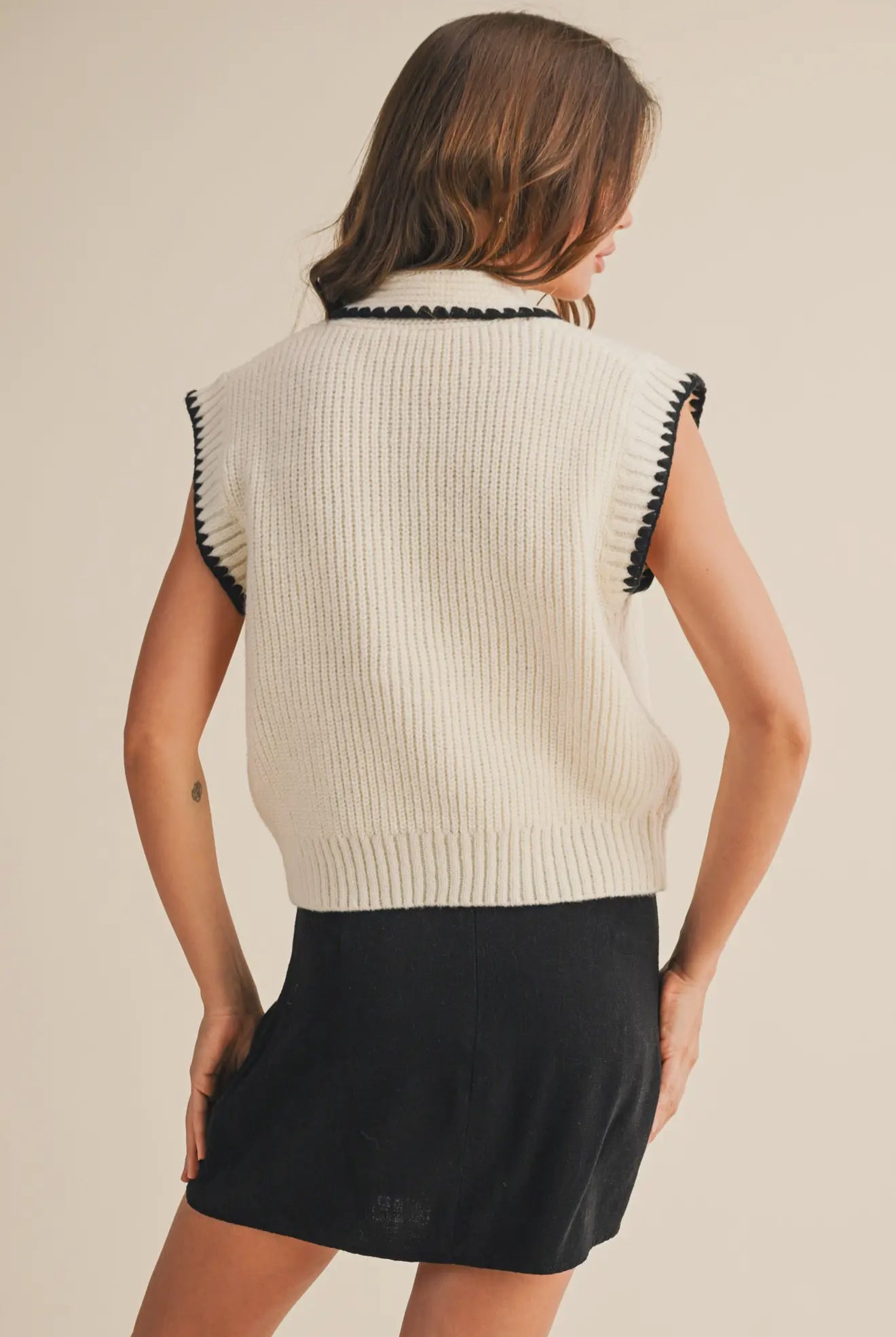 Tie Neck Sweater with Blanket Stitch