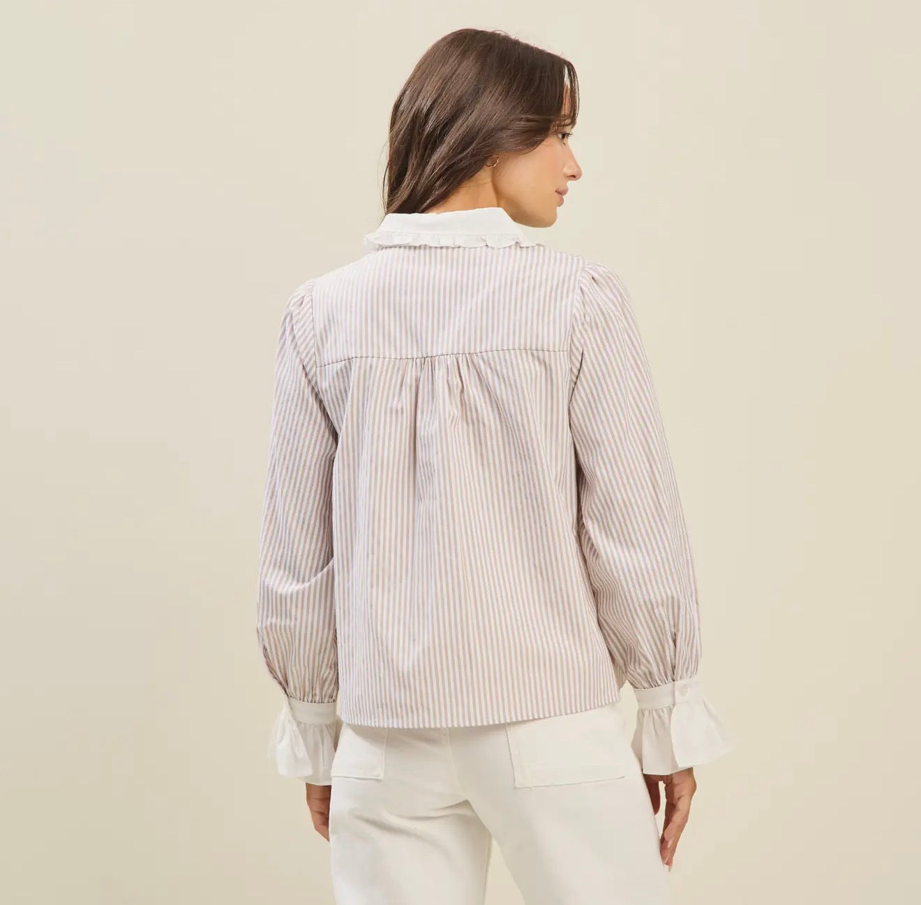 Striped blouse with ruffle cuff - alternate product view at Vogue Villa