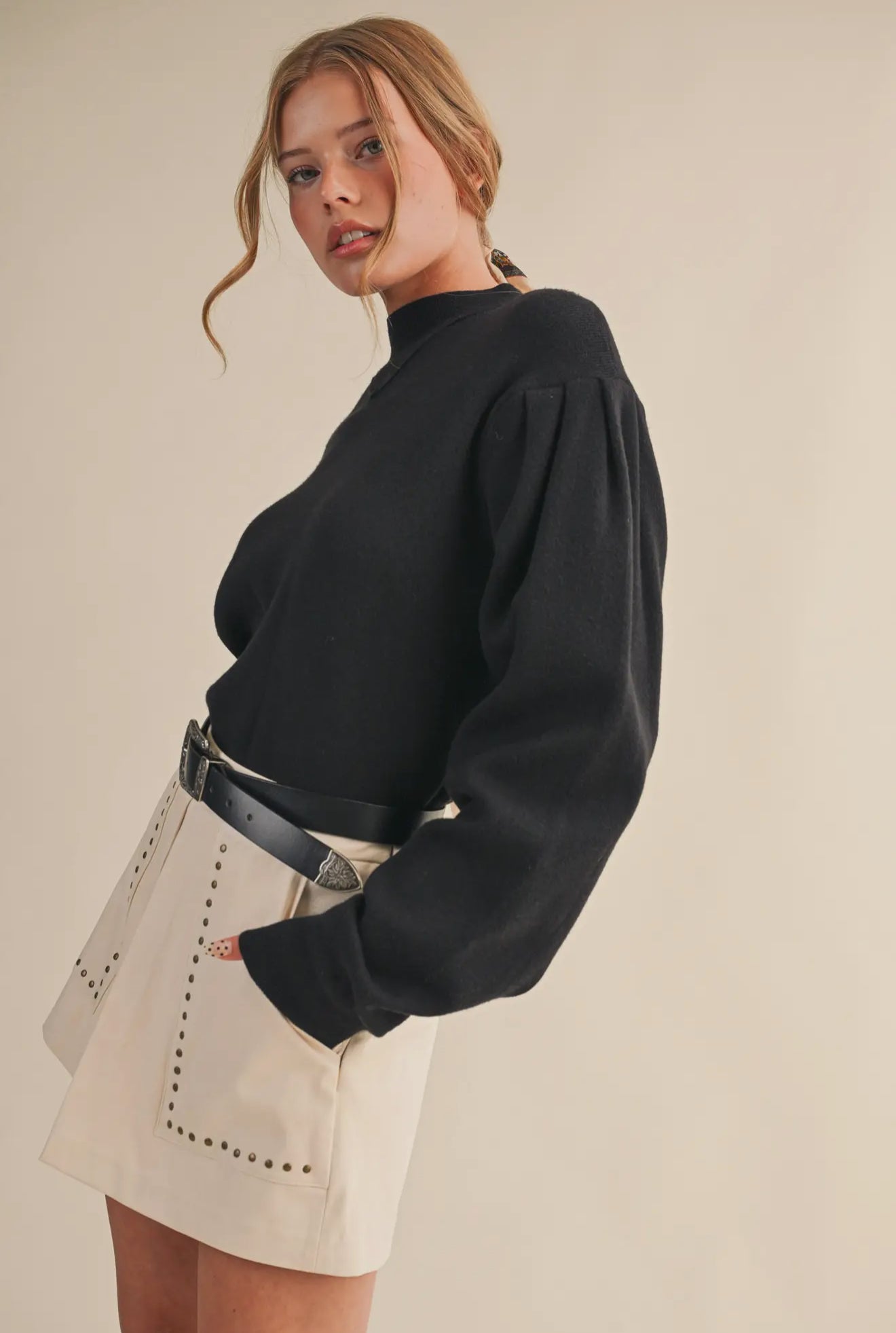 Mock Neck Puff Sleeve Sweater