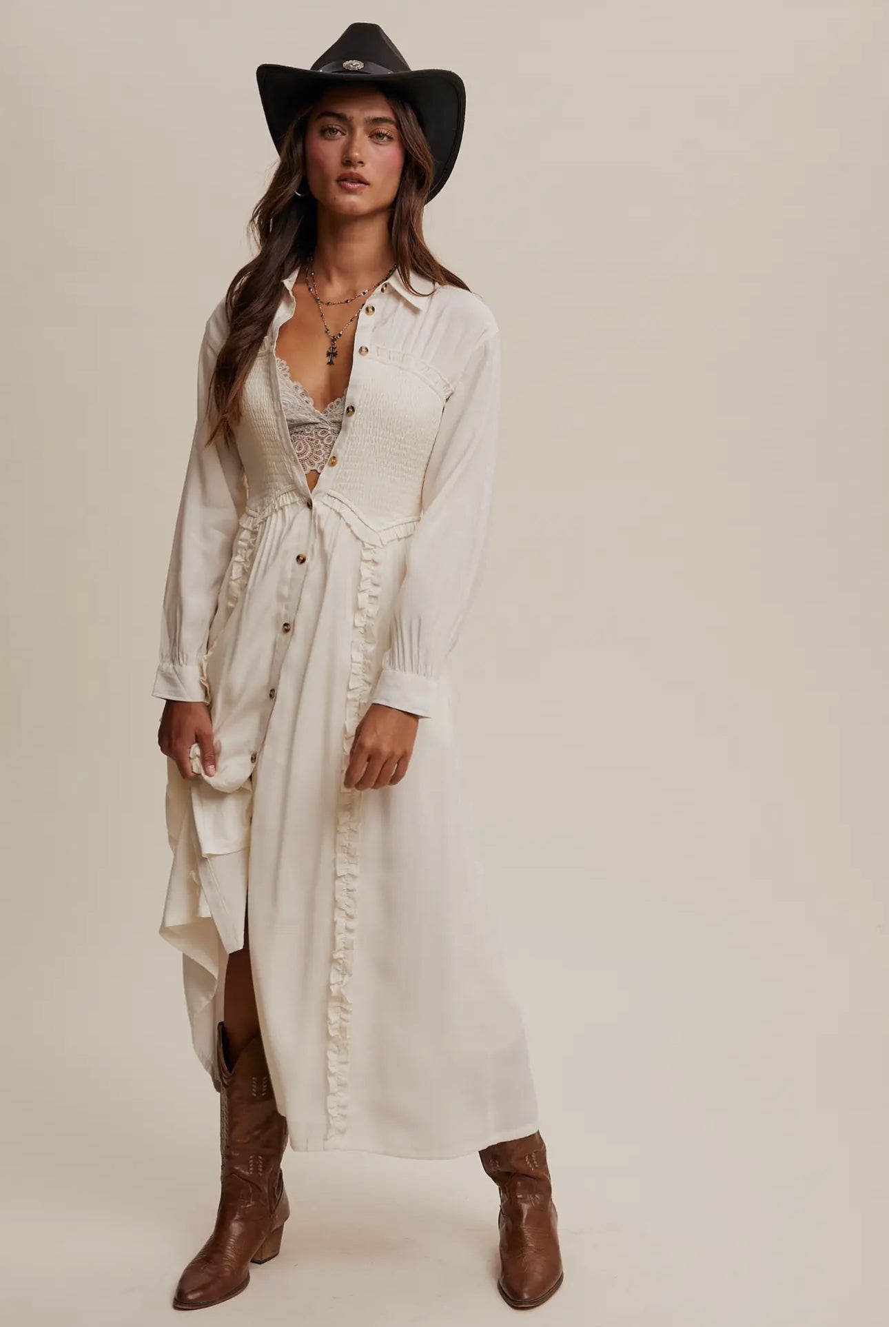 Smocked Bodice Ruffle Detail Maxi Dress