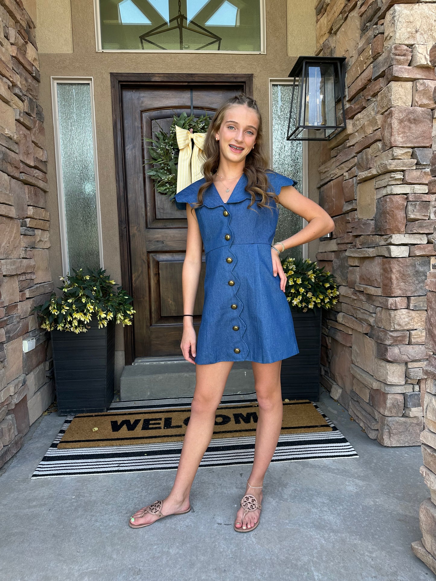 Denim Scallop Detail Button Down Dress