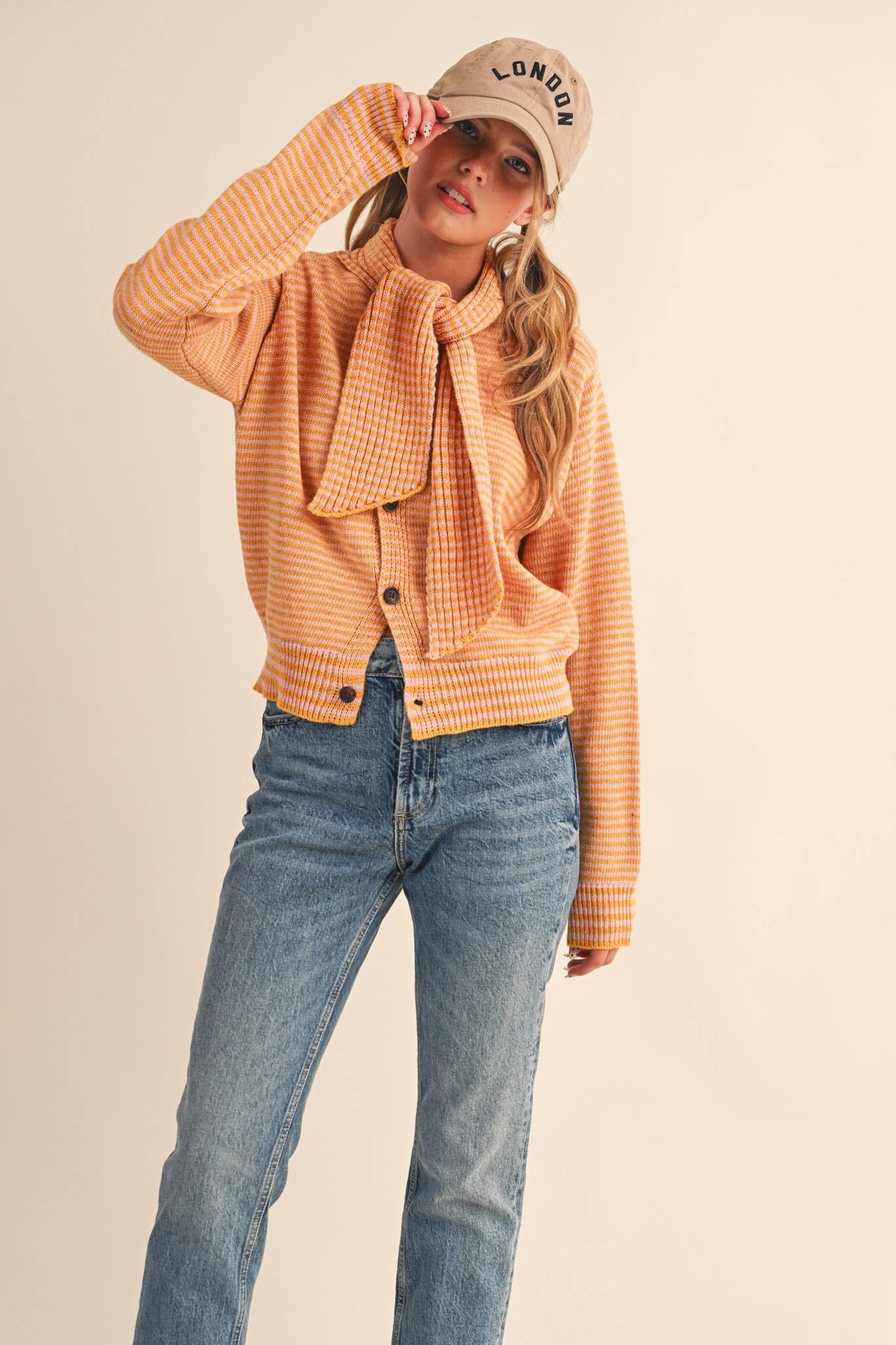 Striped Tie Neck Cardigan