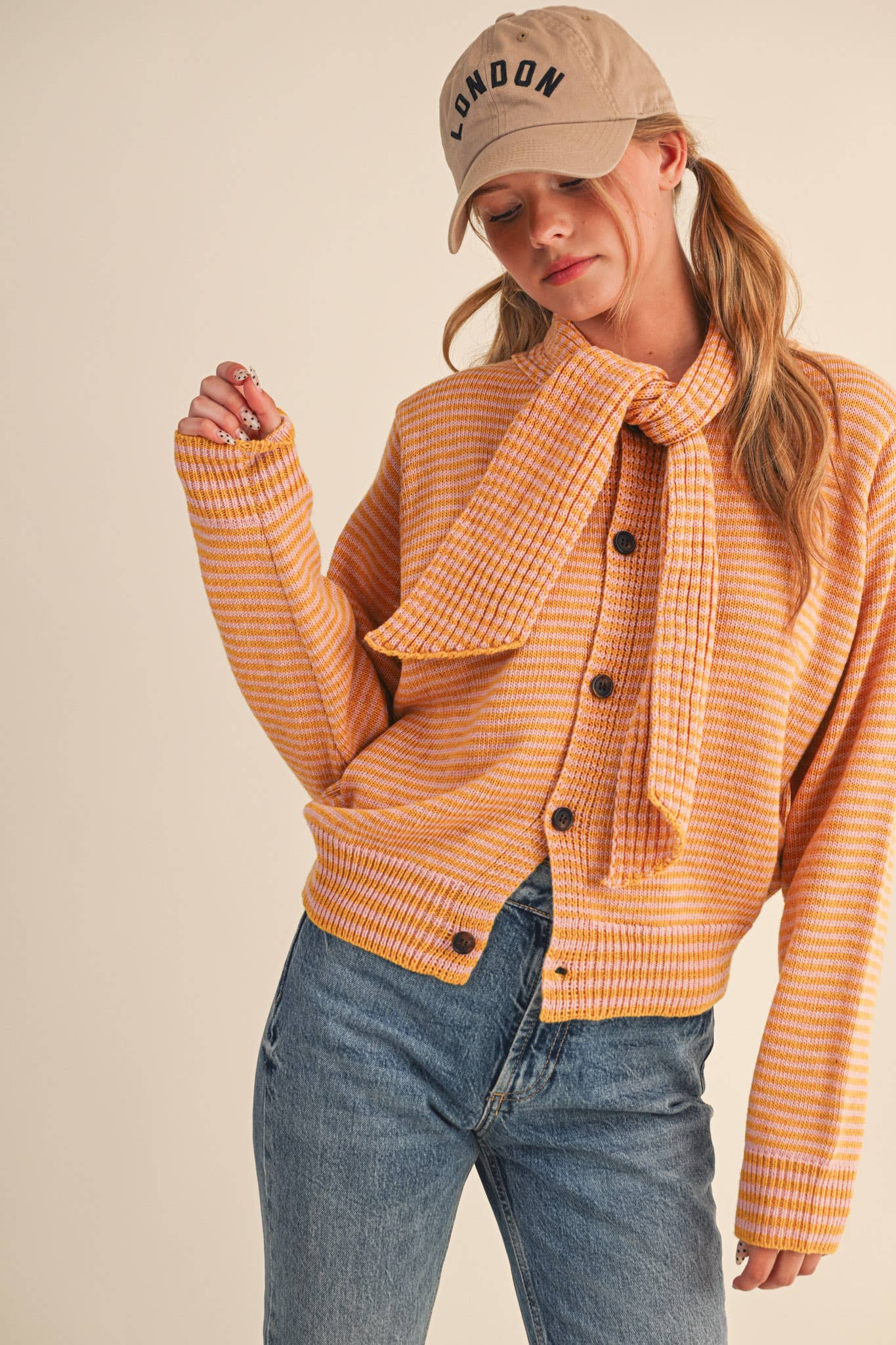 Striped Tie Neck Cardigan