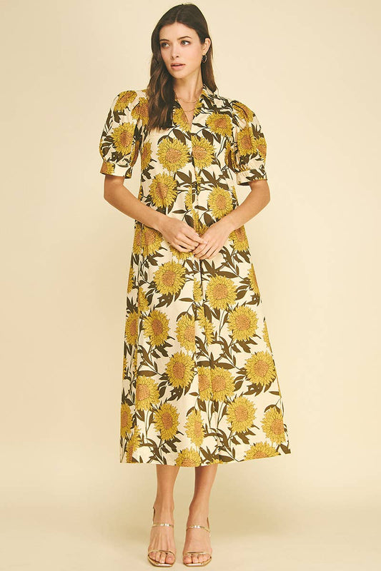 Golden Sunflower Puff Sleeve Midi Dress