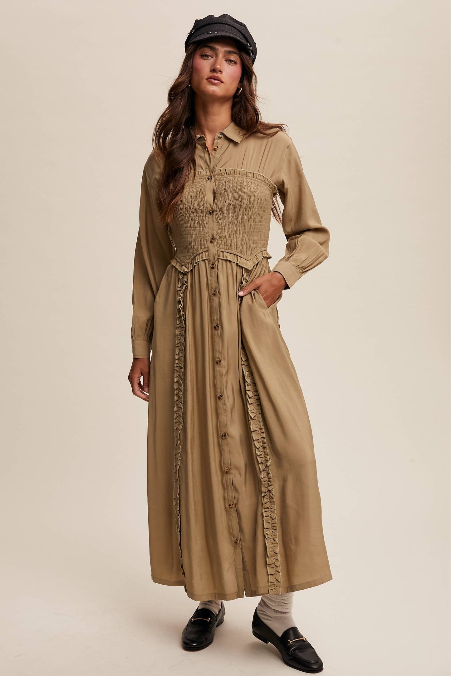 Smocked Bodice Ruffle Detail Maxi Dress