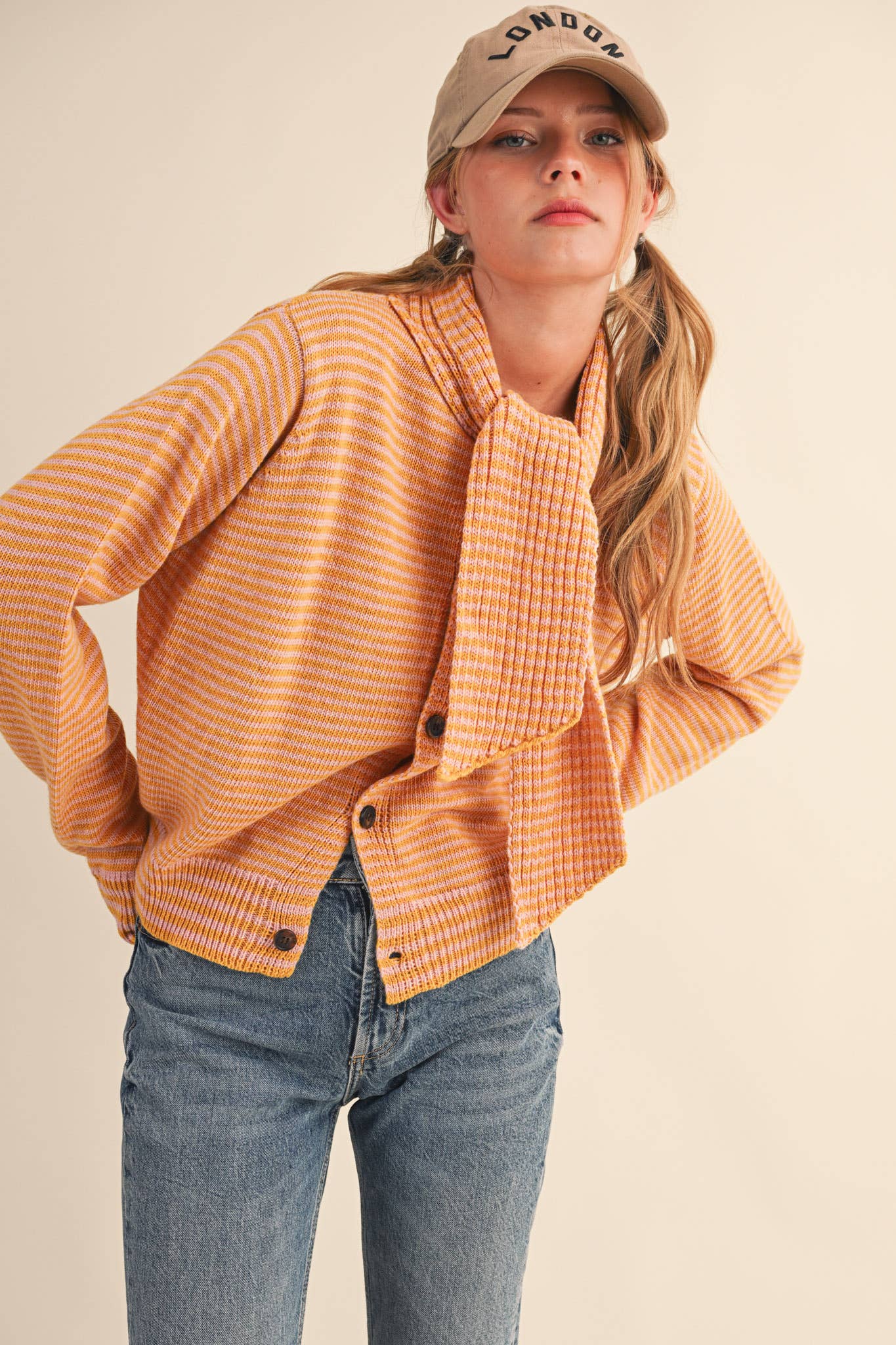 Striped Tie Neck Cardigan