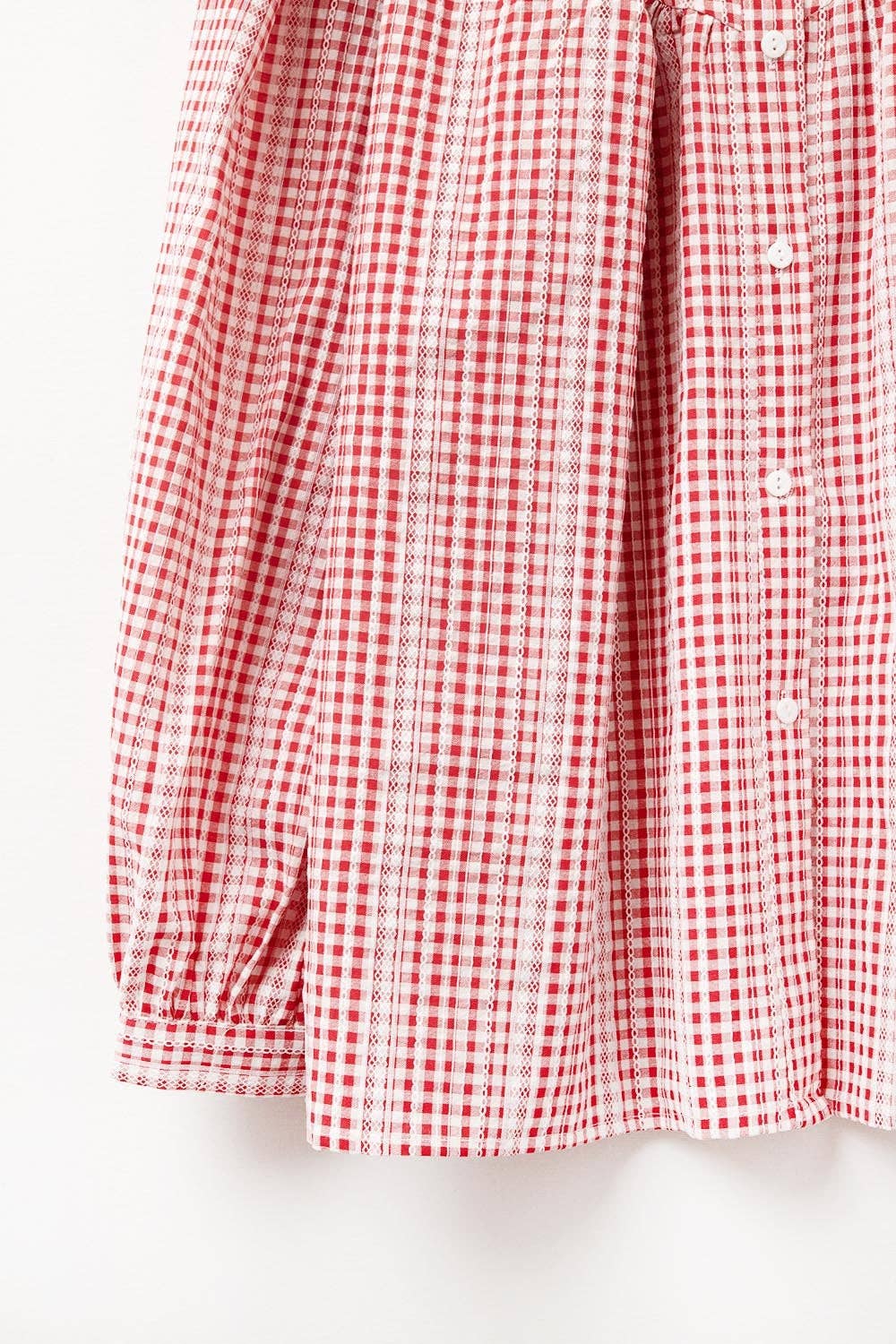 Gingham Red and White Collarless Blouse With Wide Sleeves