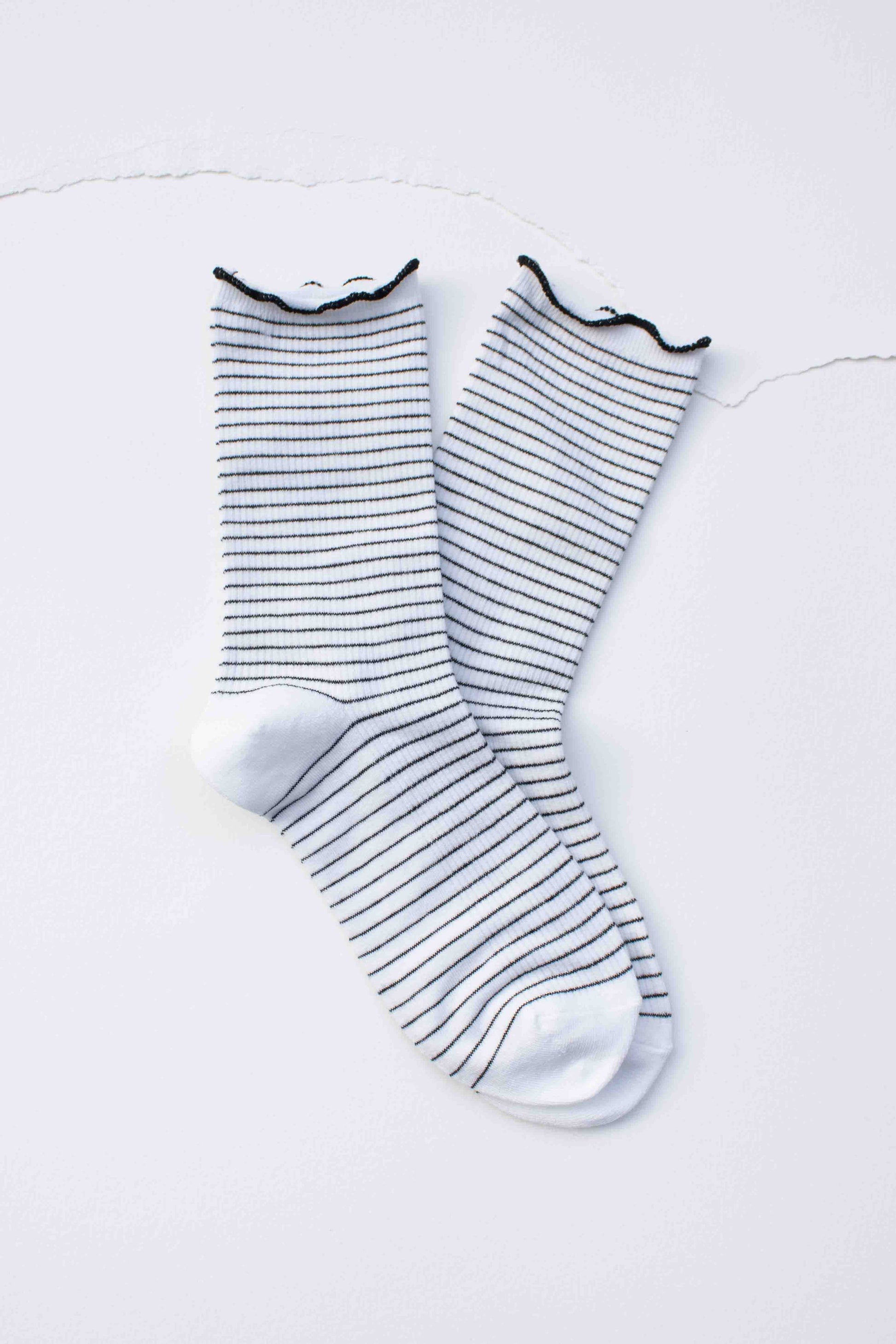 Fine Stripe Ruffle Crew Socks at Vogue Villa