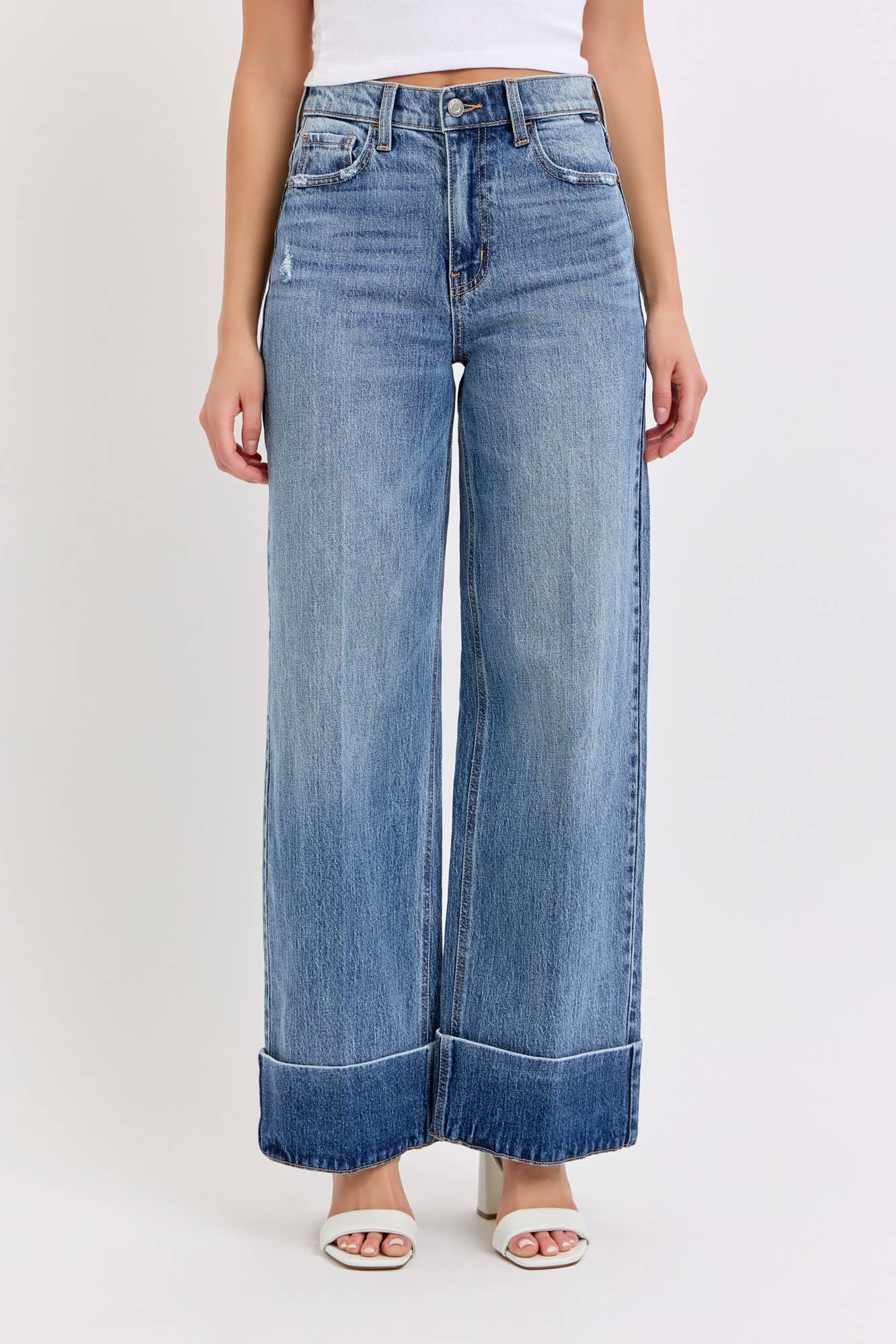 Cuffed Hem Straight Leg Jeans