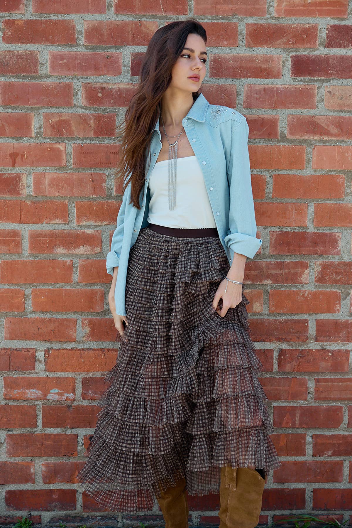 Plaid Mesh Ruffle Maxi Skirt