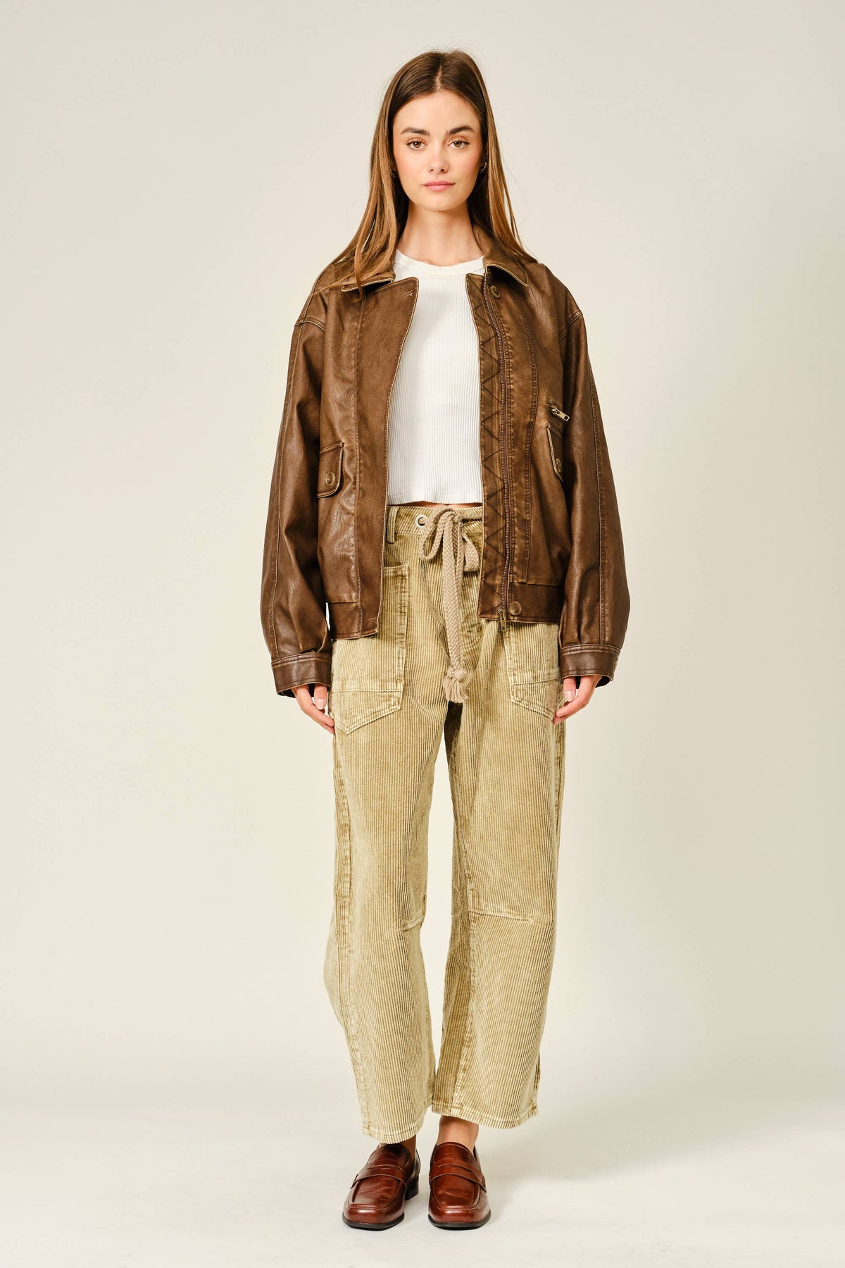 Barrel Corduroy Pants with Tie-Waist