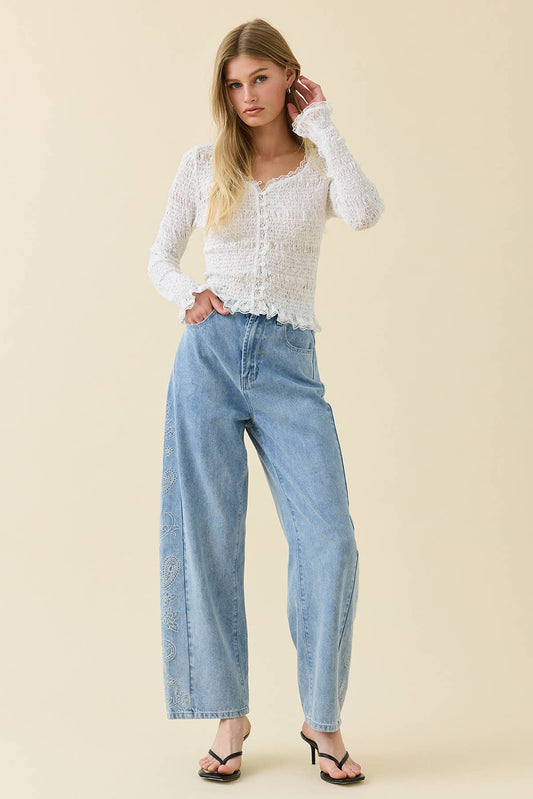 Romantic Smocked Knit Button Top