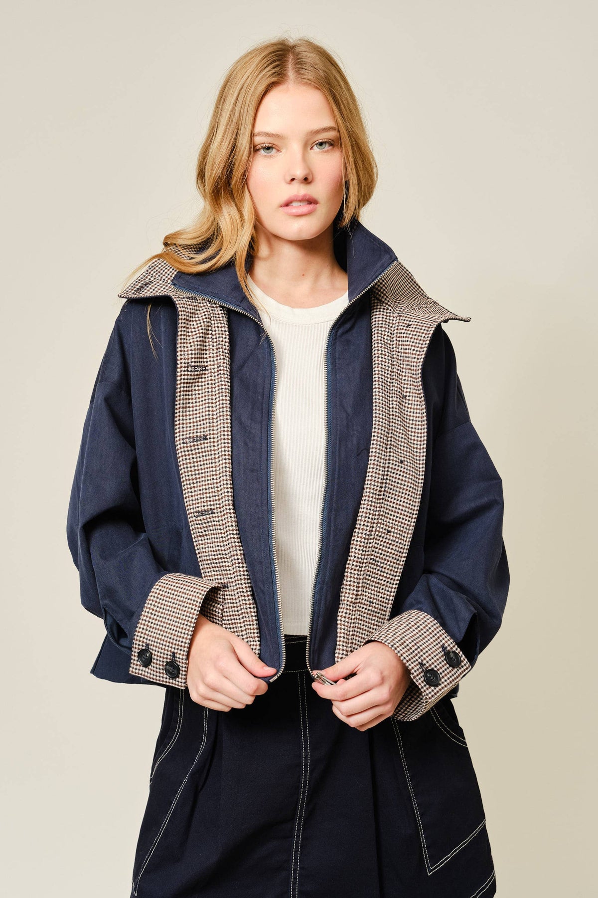 Oversized Bomber Jacket with Plaid Detail