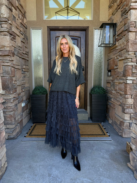 Plaid Mesh Ruffle Maxi Skirt