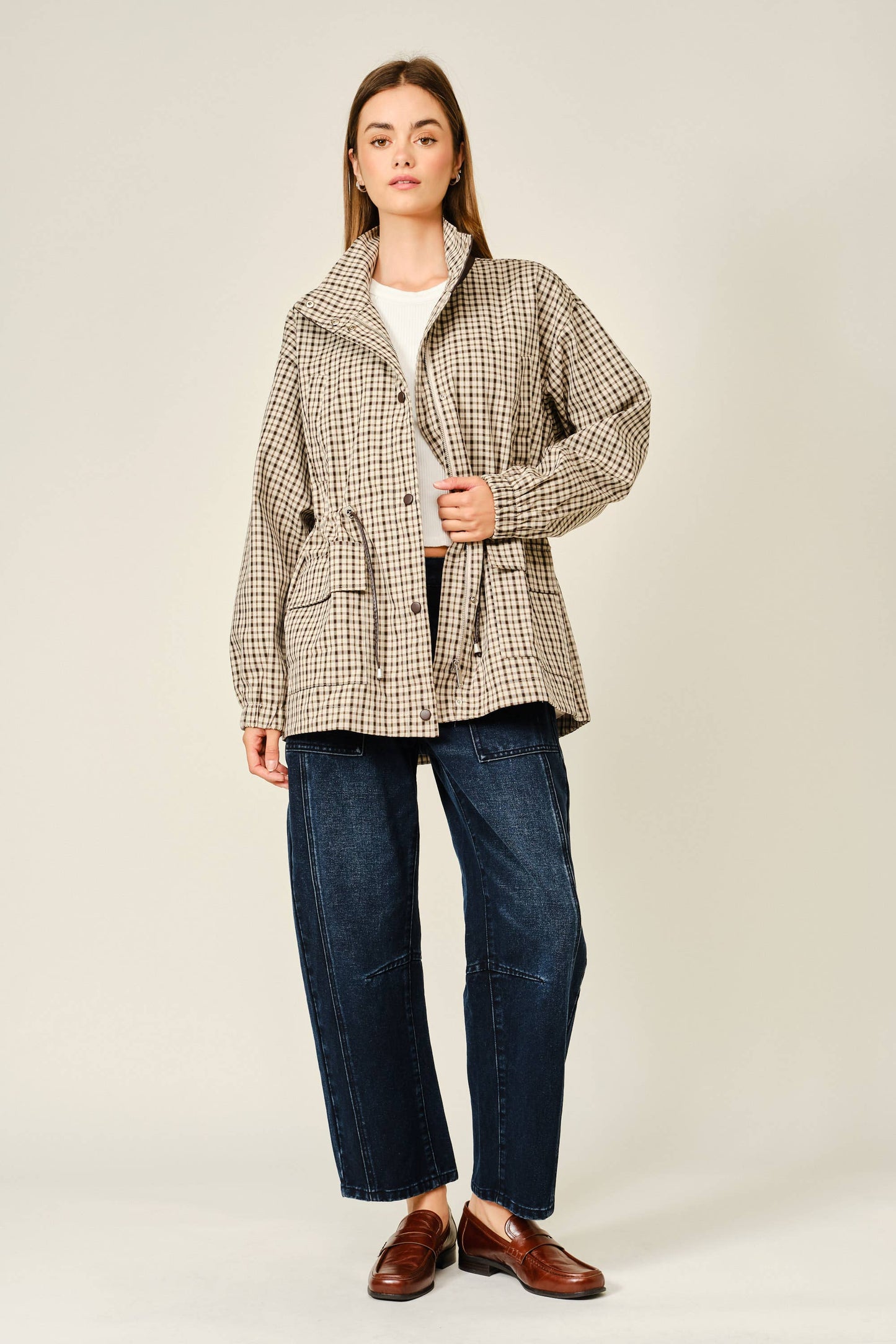 Plaid Faux Leather Funnel Neck Jacket