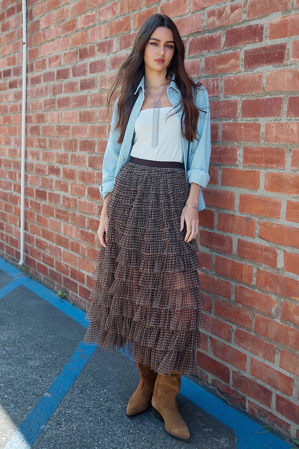 Plaid Mesh Ruffle Maxi Skirt