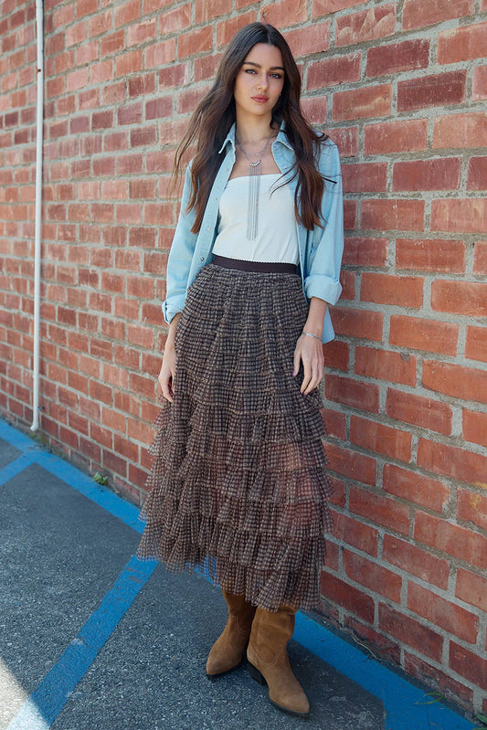 Plaid Mesh Ruffle Maxi Skirt