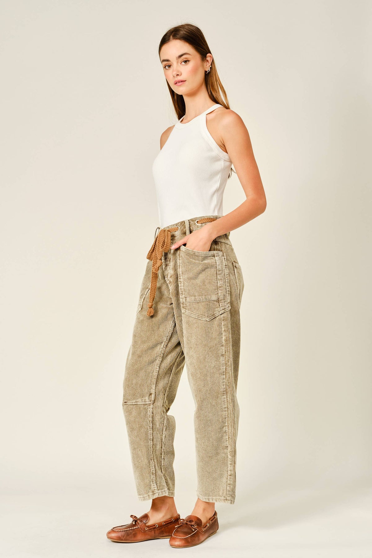 Barrel Corduroy Pants with Tie-Waist