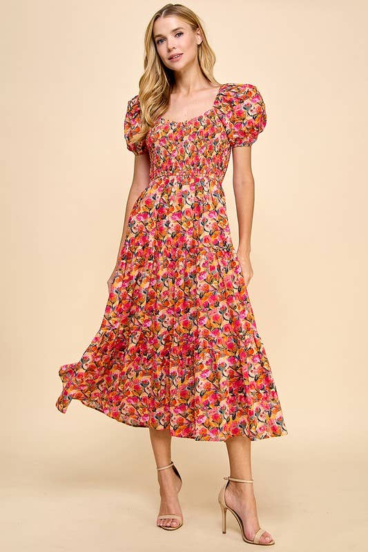 Floral Printed Bubble Sleeves Midi Dress