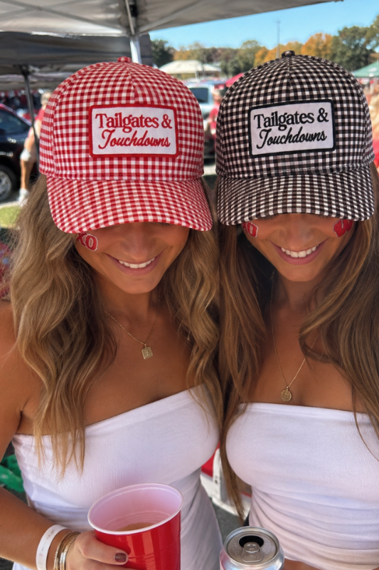 Tailgates & Touchdowns Gingham Trucker Hat-Red
