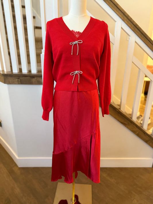 Crimson Satin Lace Trim Dress