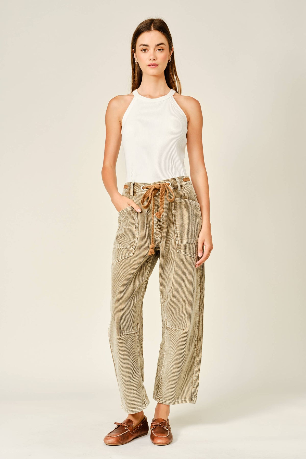 Barrel Corduroy Pants with Tie-Waist