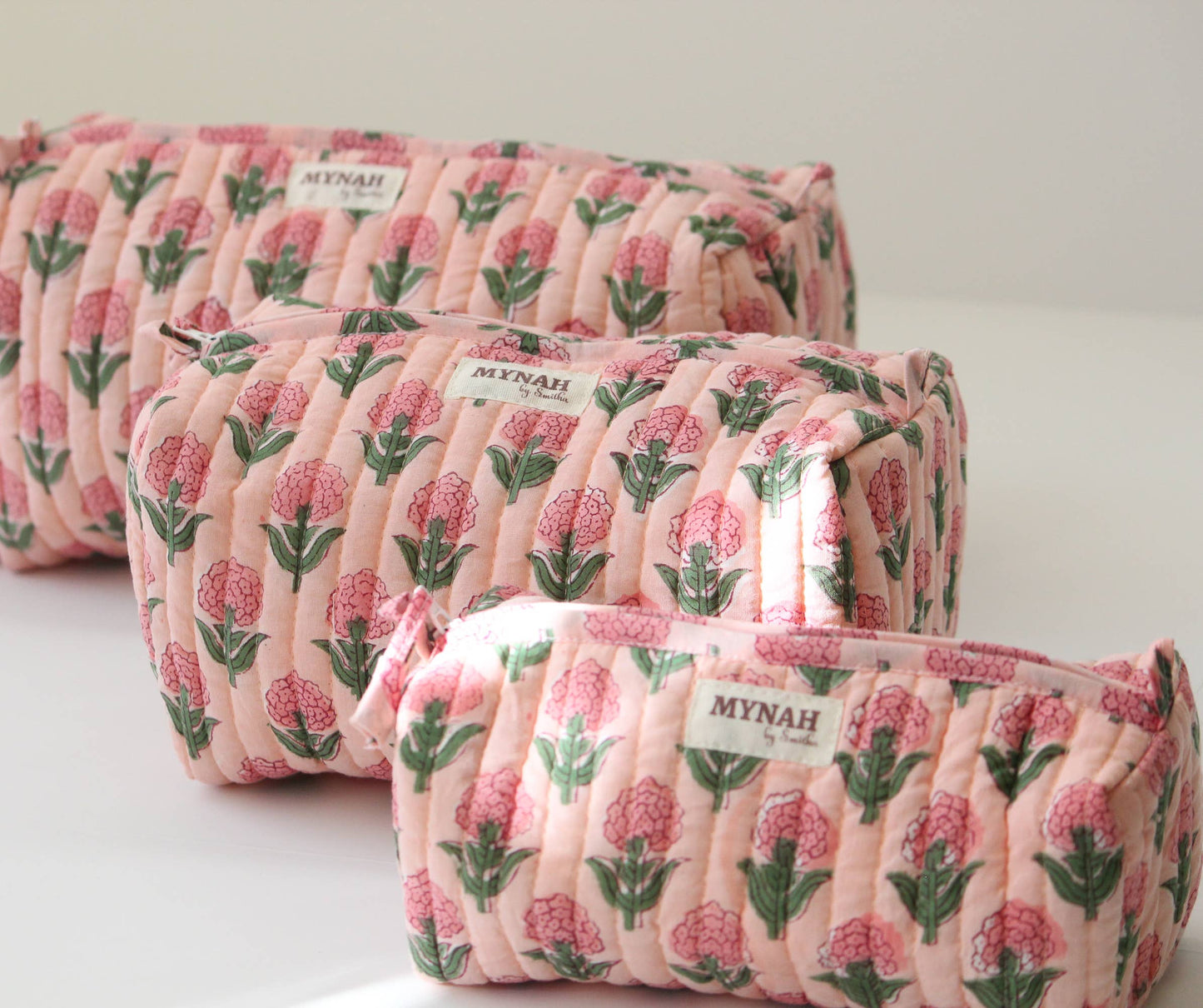 Blush Marigold hand print travel/makeup/organizer/quilted/bag-3 set