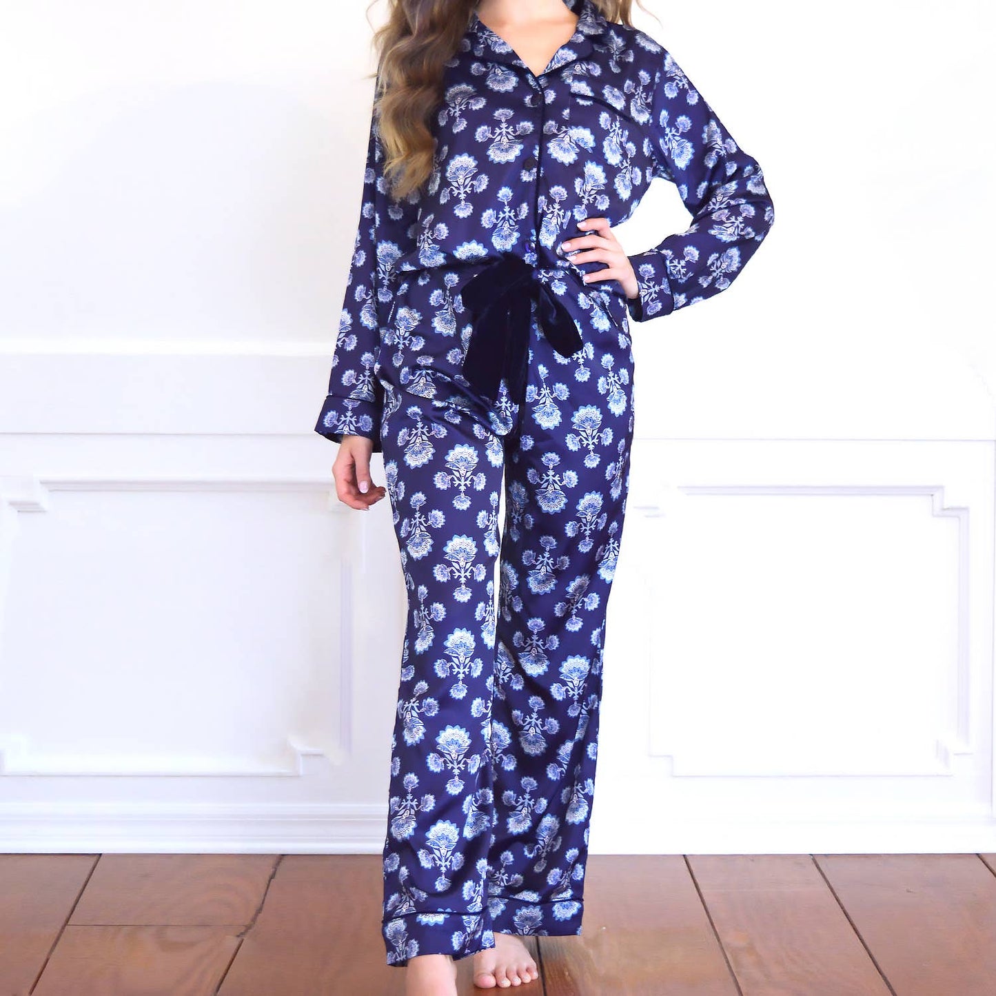 Navy Fan Satin Pant PJ Set