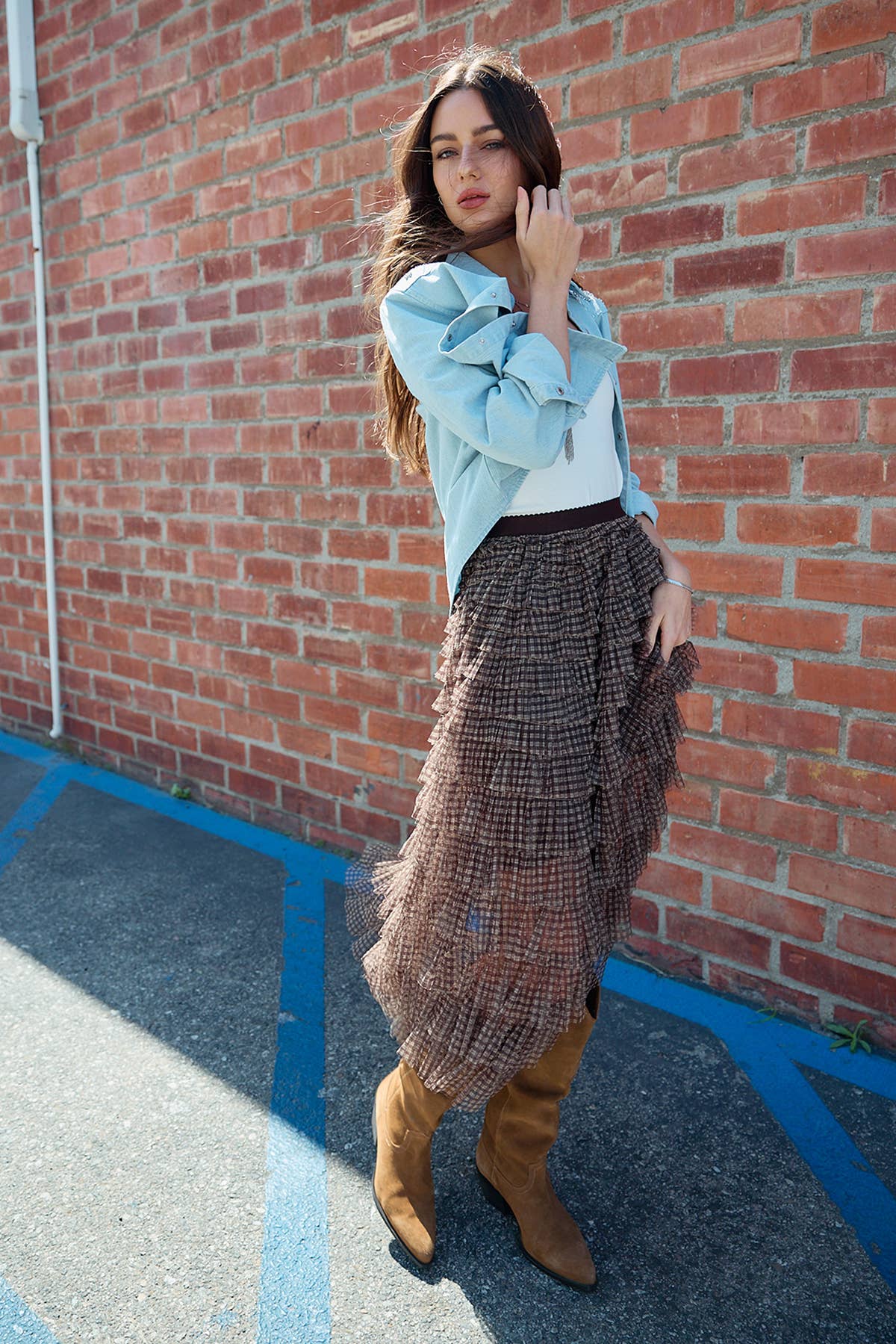 Plaid Mesh Ruffle Maxi Skirt