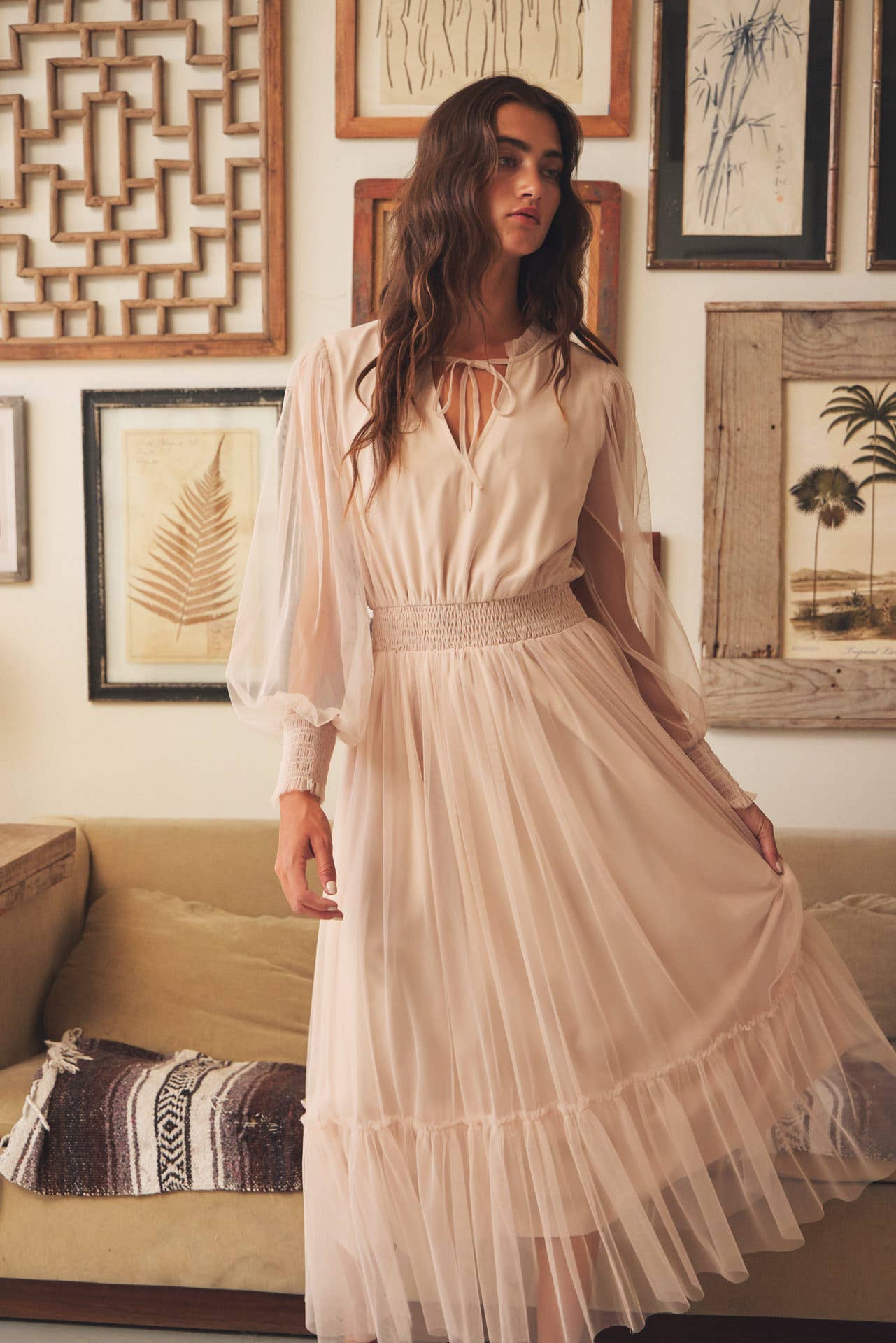 Romantic Sheer Sleeve Smocked Tulle Dress