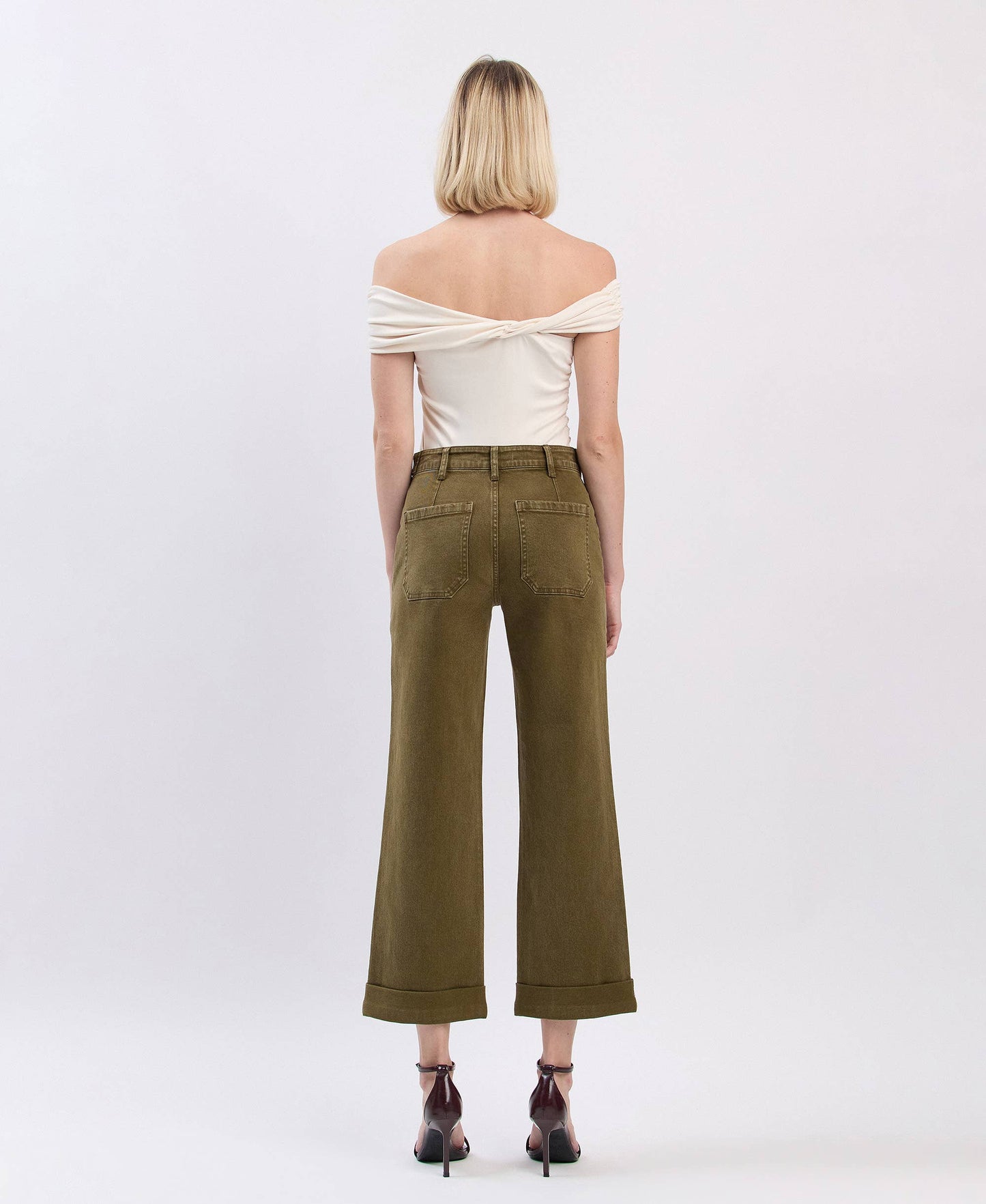 HIGH RISE TAB WAISTBAND CUFFED SLIM WIDE JEAN