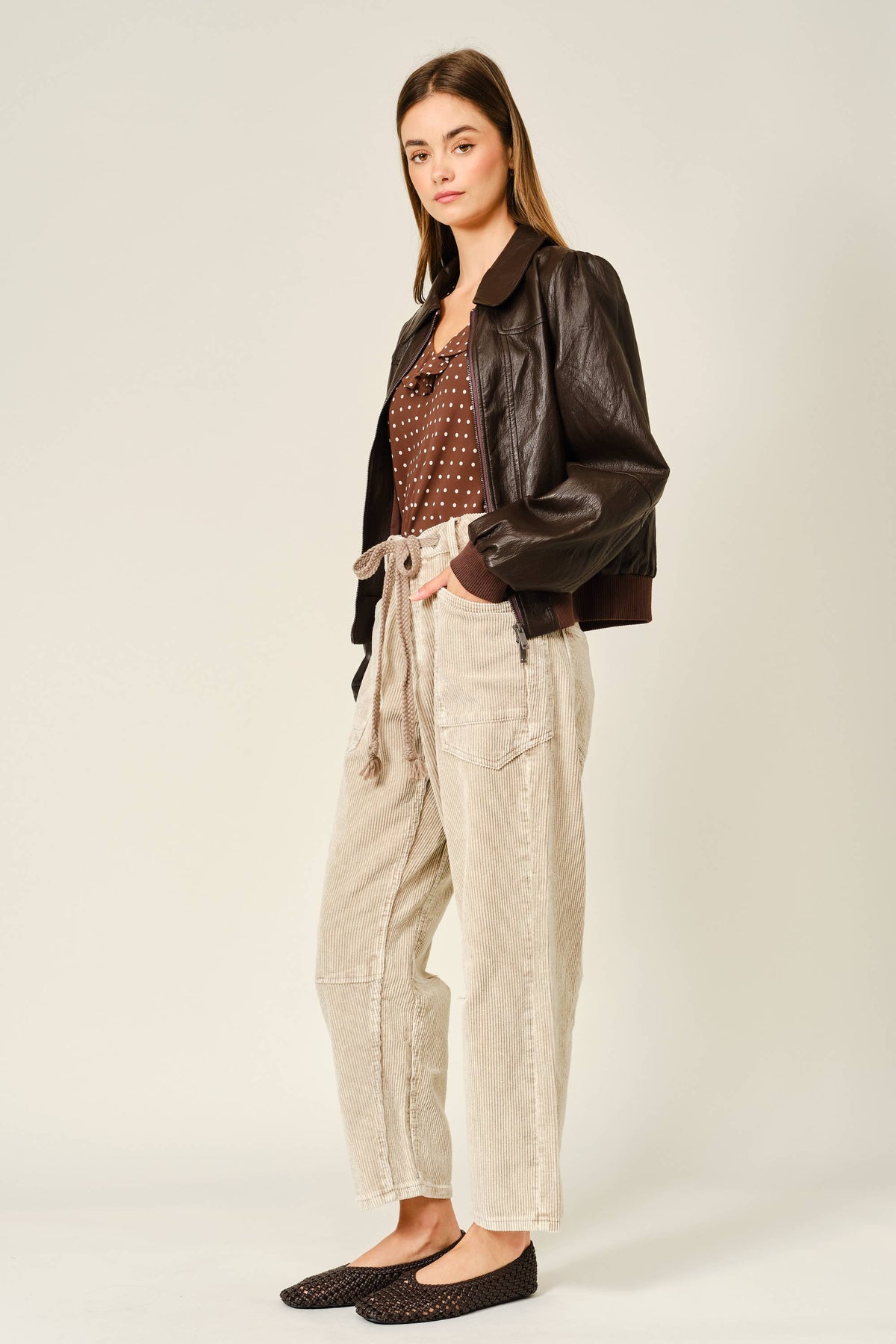 Barrel Corduroy Pants with Tie-Waist