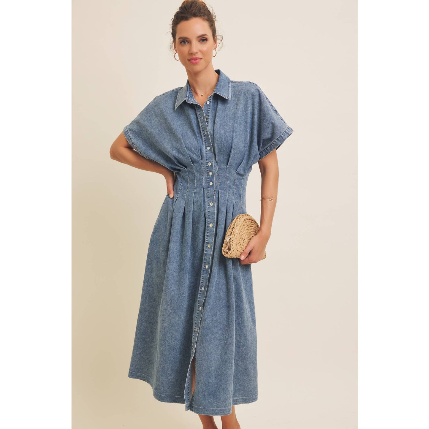 Denim Pleated Midi Dress