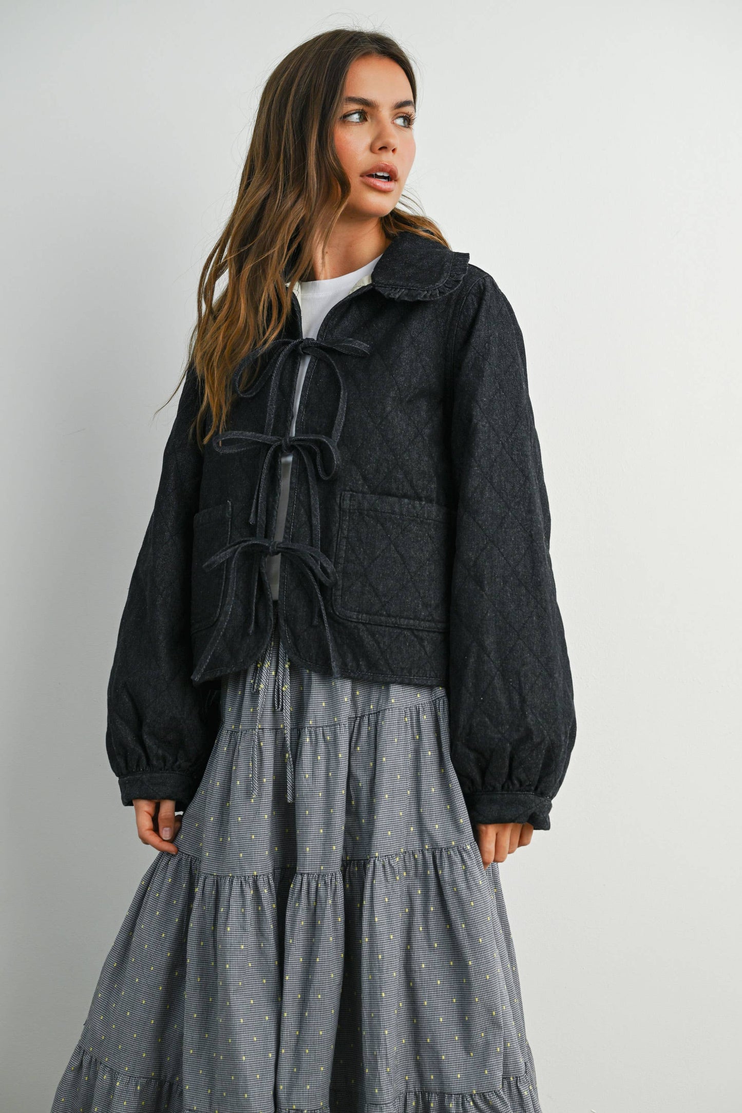 Quilted Long Sleeve Tie-Front Jacket