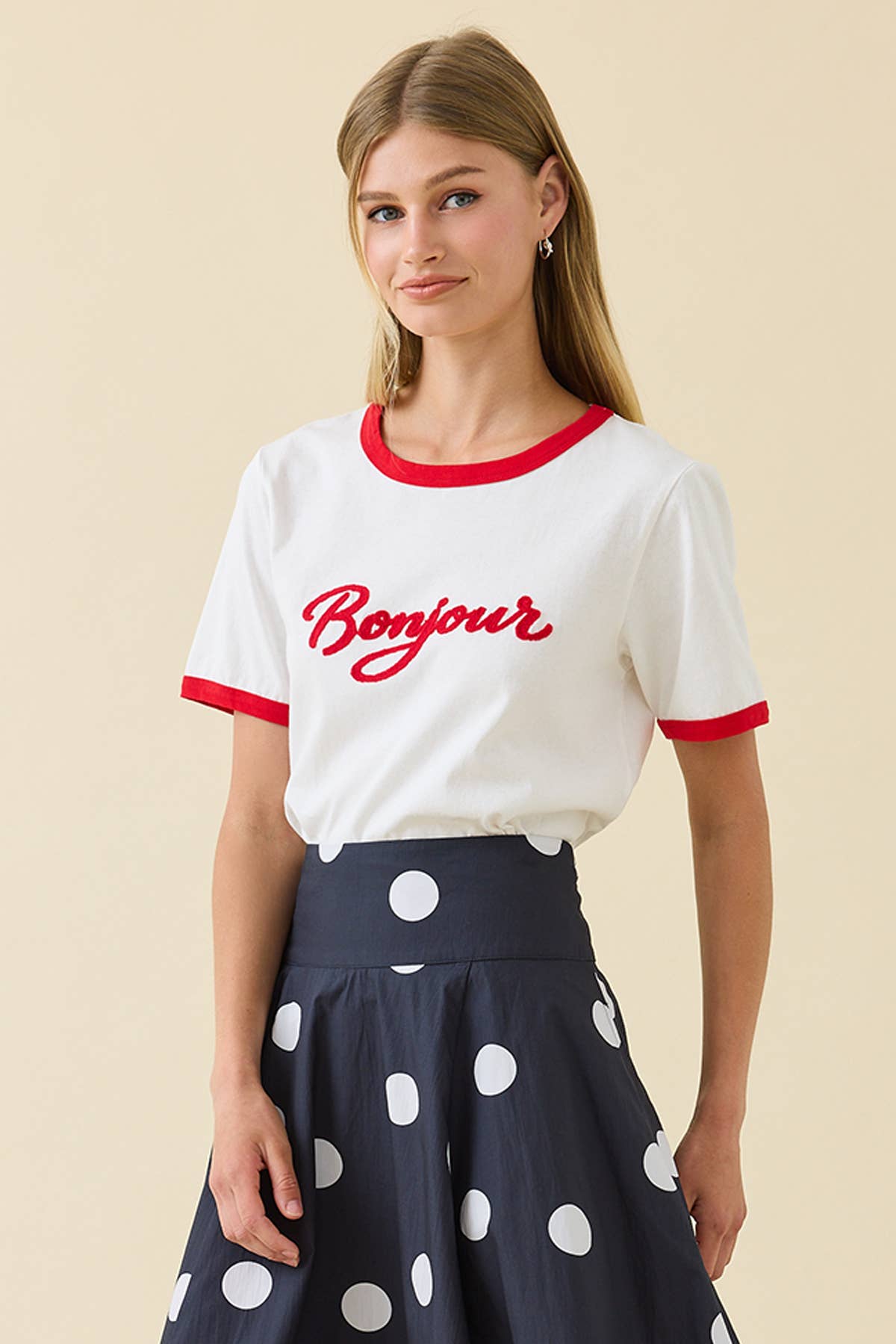 Bonjour Ringer Tee - Red - alternate product view at Vogue Villa