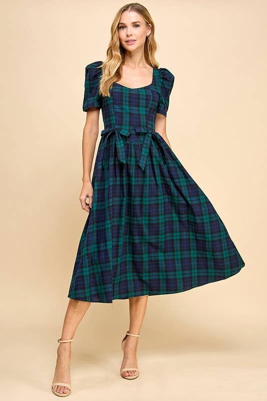 Sweet Heart Neckline Plaid Midi Dress